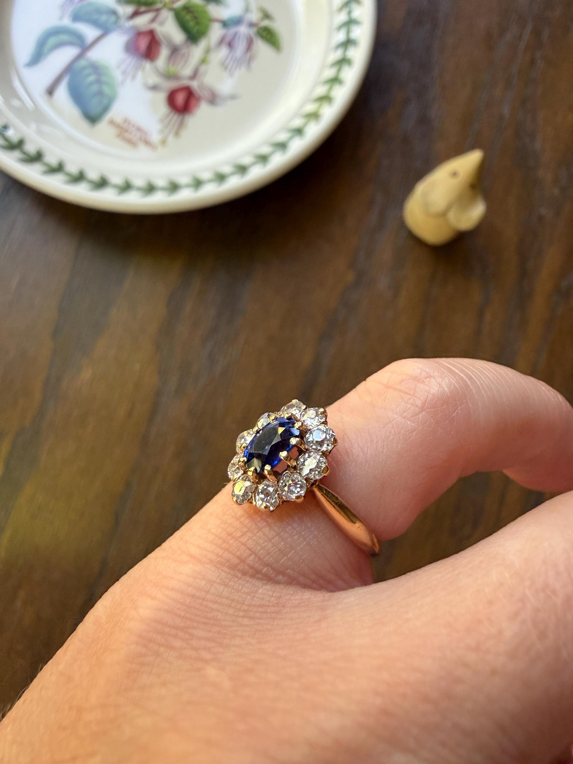 Antique Natural Sapphire Old Mine Cut Diamond Halo Ring French Victorian 18k Gold Blue Cluster Pinky