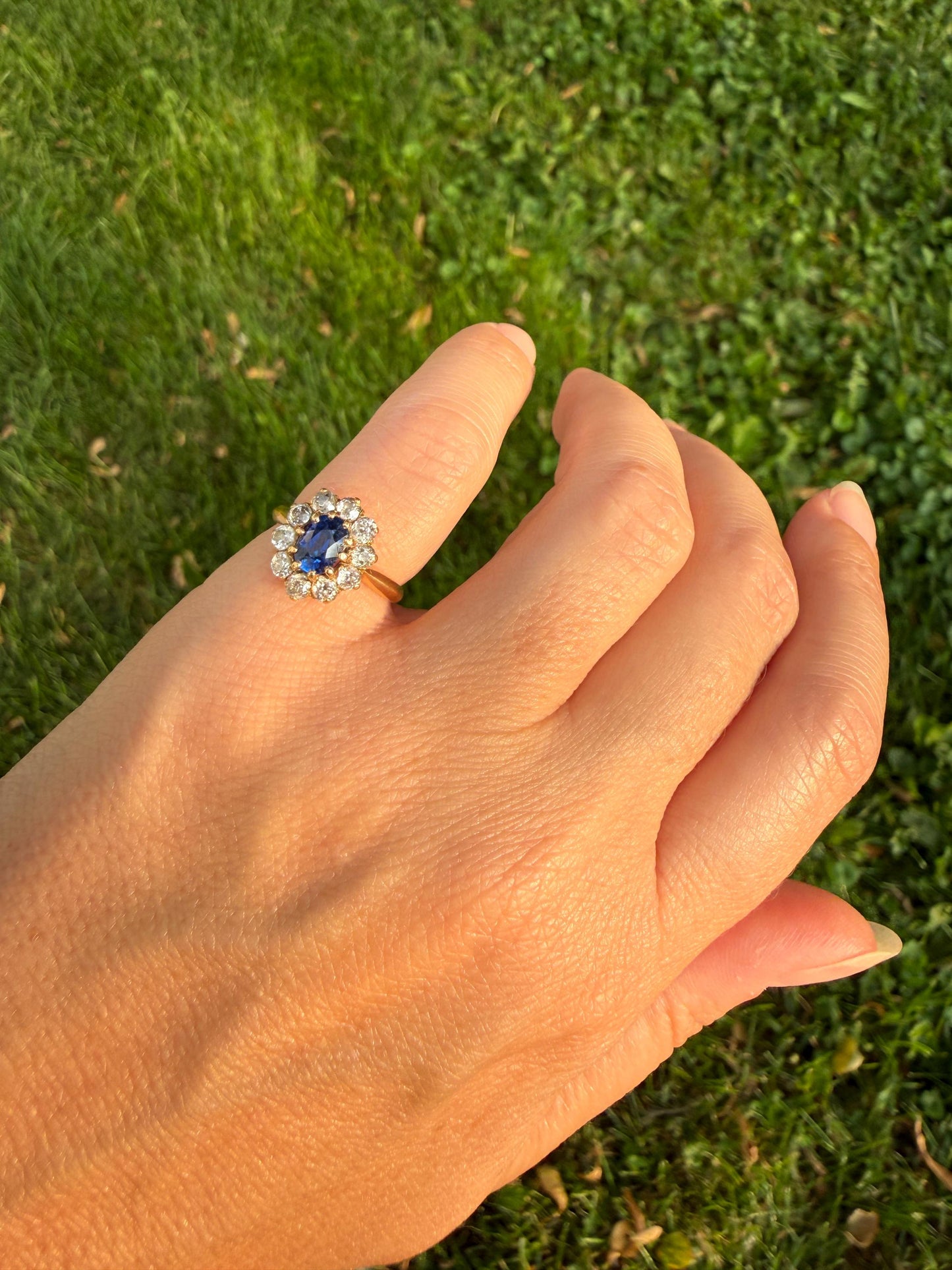 Antique Natural Sapphire Old Mine Cut Diamond Halo Ring French Victorian 18k Gold Blue Cluster Pinky