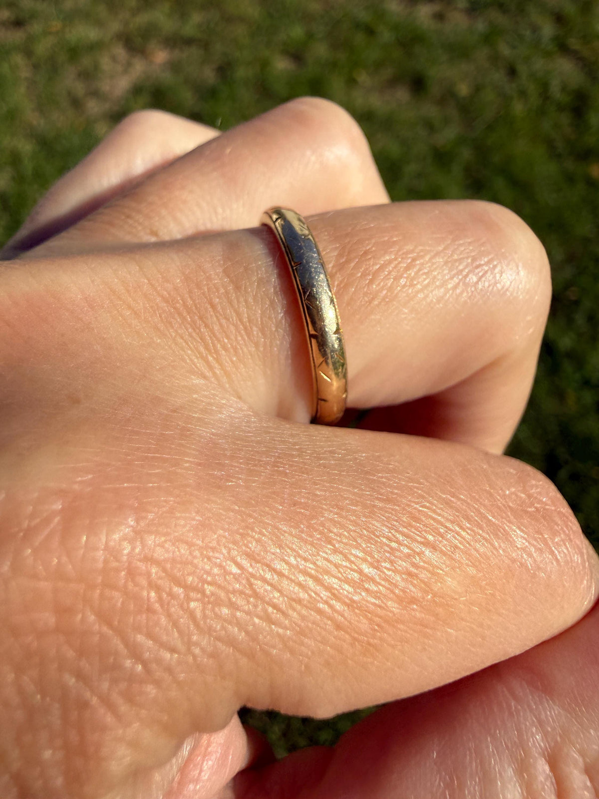 Engraved Comfort Fit Antique Victorian Skinny Band 3.3g 14k Gold Sz 7.25 Wedding Ring JR Wood Stacker Something Old Minimalist Man Unisex