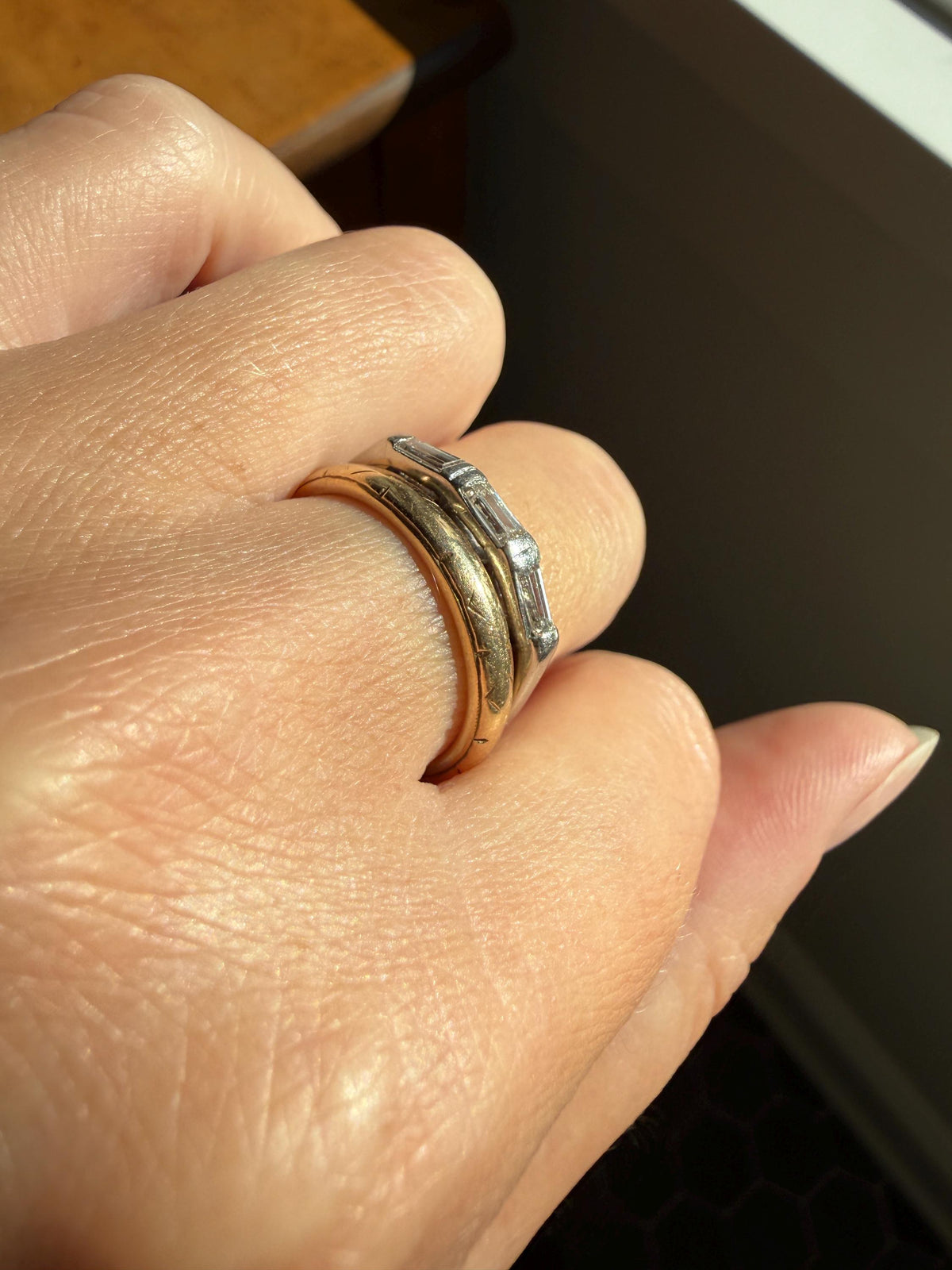 Vintage Art Deco East West Baguette Diamond Three Stone Ring Platinum Skinny Stacker Beveled Stacker