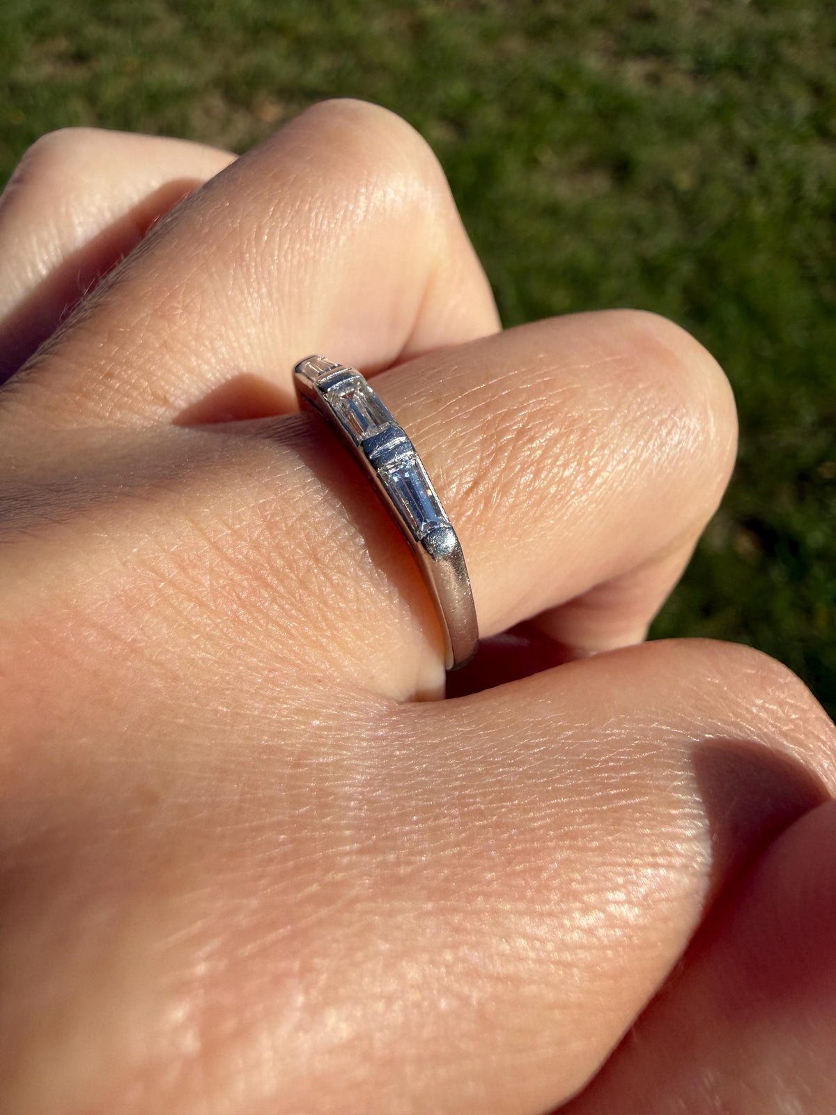 Vintage Art Deco East West Baguette Diamond Three Stone Ring Platinum Skinny Stacker Beveled Stacker