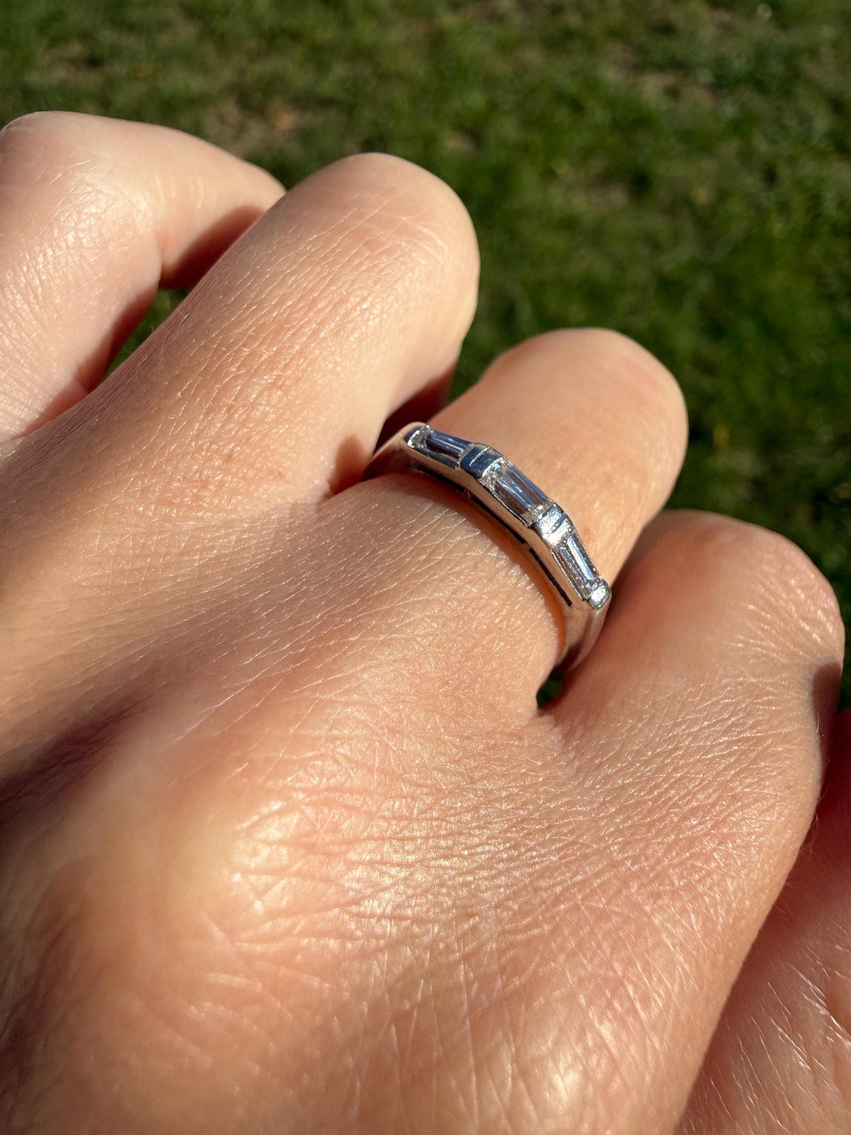 Vintage Art Deco East West Baguette Diamond Three Stone Ring Platinum Skinny Stacker Beveled Stacker