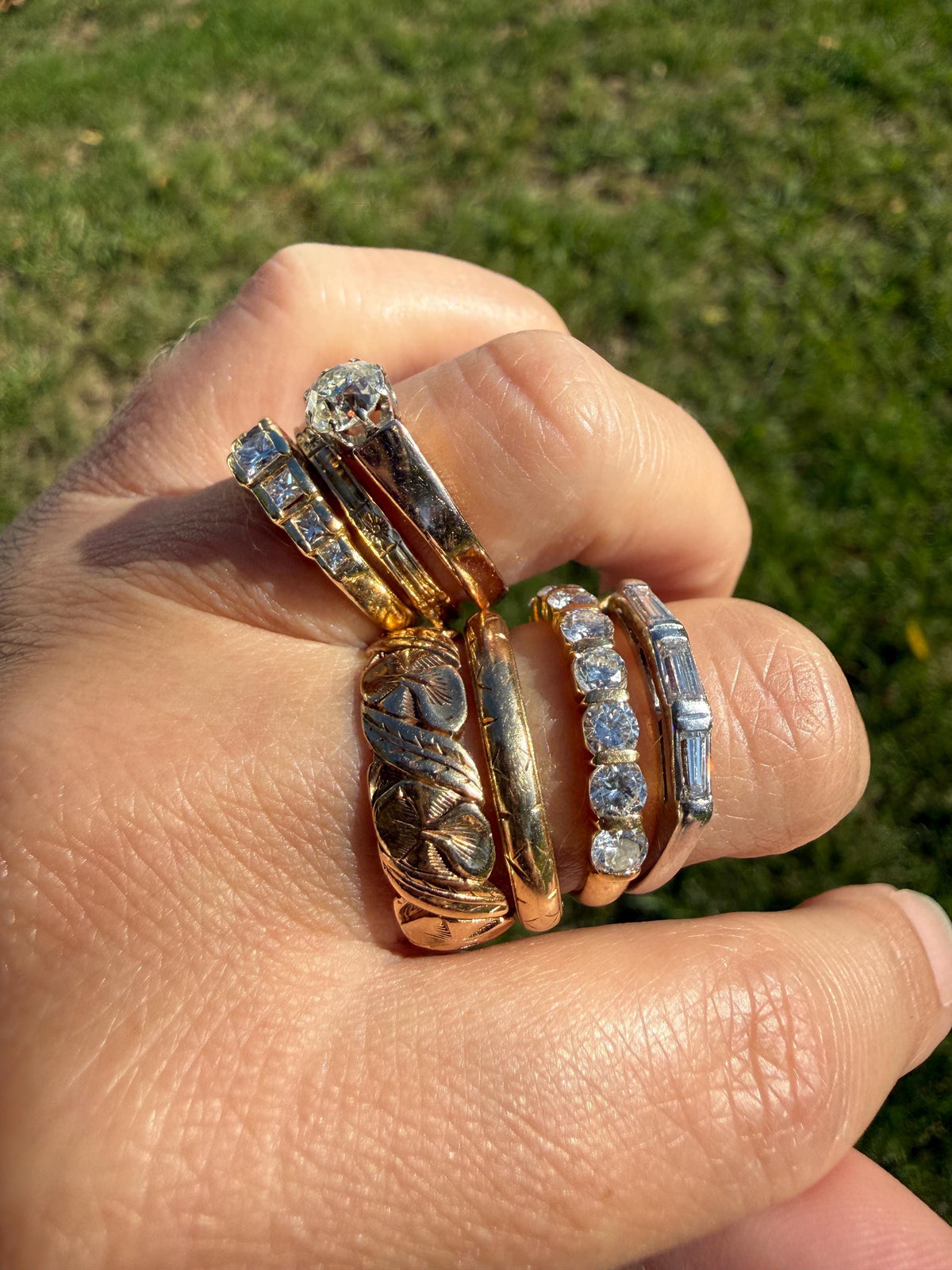 Vintage Art Deco East West Baguette Diamond Three Stone Ring Platinum Skinny Stacker Beveled Stacker