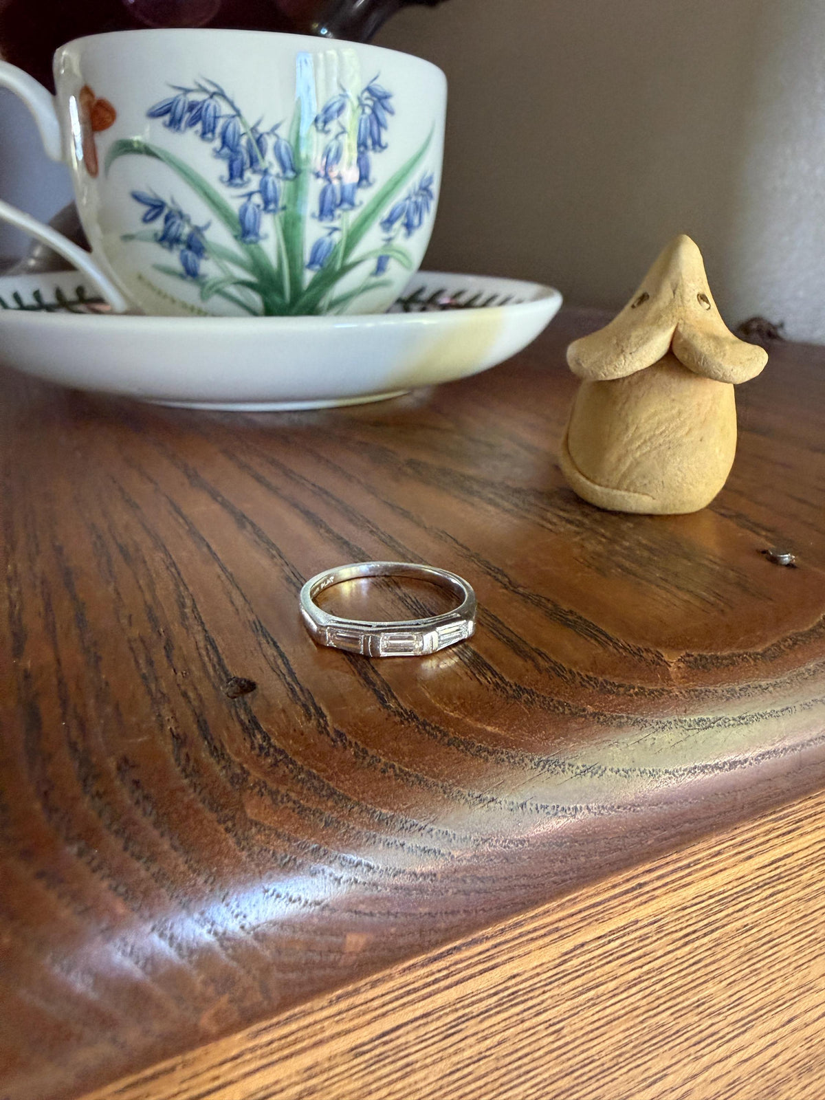 Vintage Art Deco East West Baguette Diamond Three Stone Ring Platinum Skinny Stacker Beveled Stacker