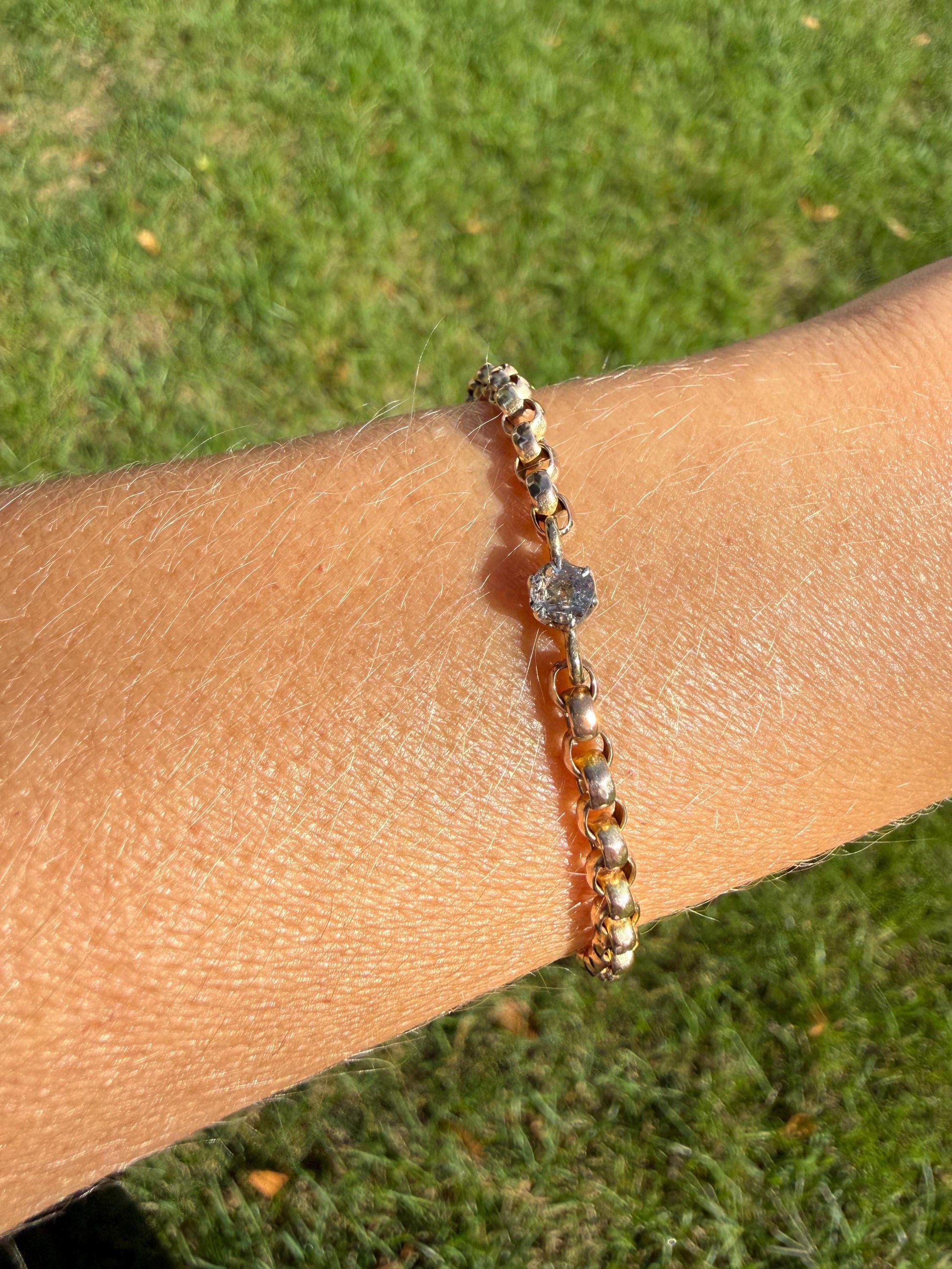 Dainty Antique Old Mine Cut Diamond 9k GOLD Solid Faceted Rolo Belcher Round Link Chain 7.5" Bracelet Minimalist Staple Wriststack Small
