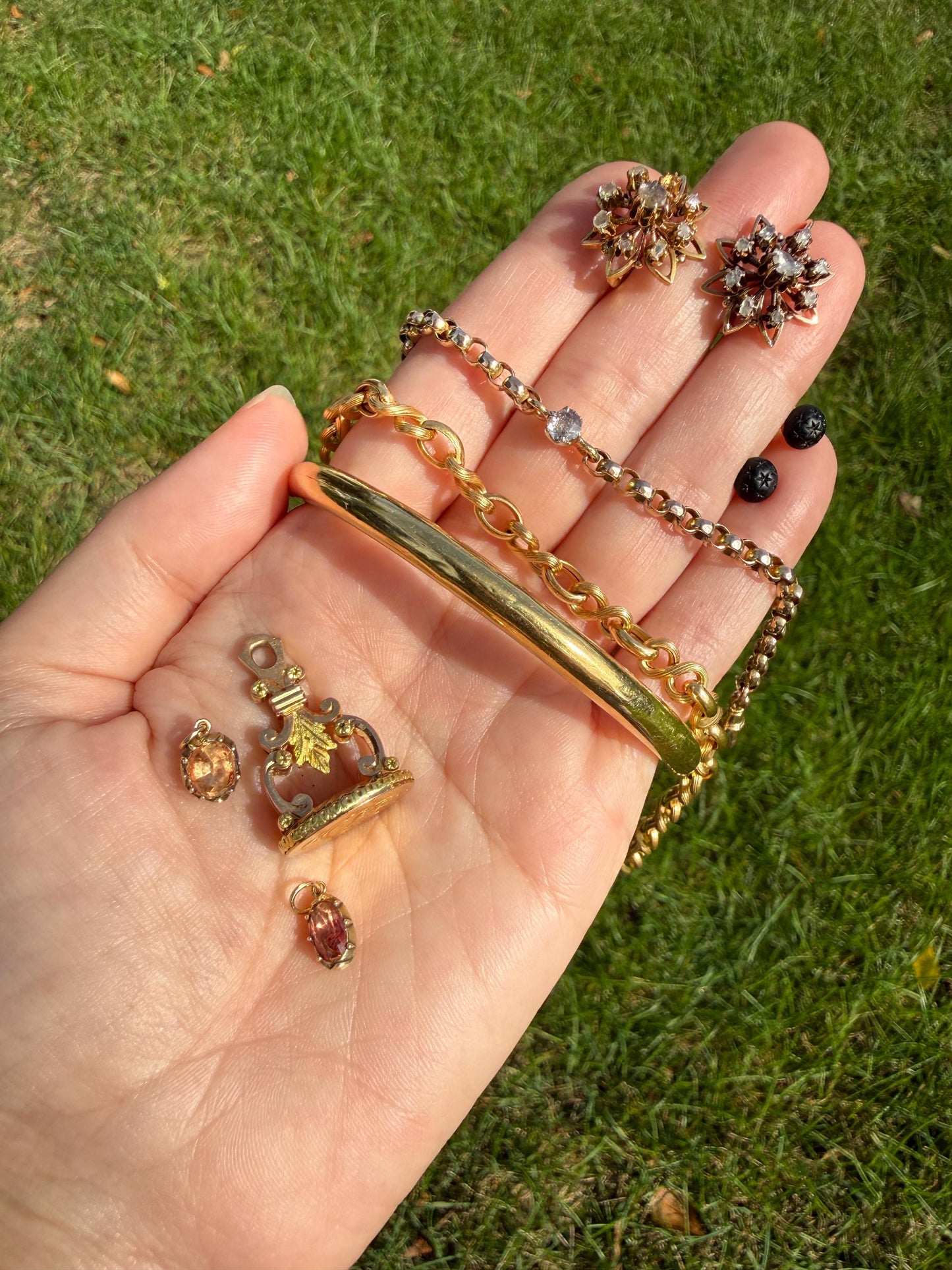Georgian ANTIQUE Old Cut Precious Golden Topaz Pendant Bracelet Charm 18k 14k Gold Victorian Minimalist Peach Pink Dusty Rose Collet Set