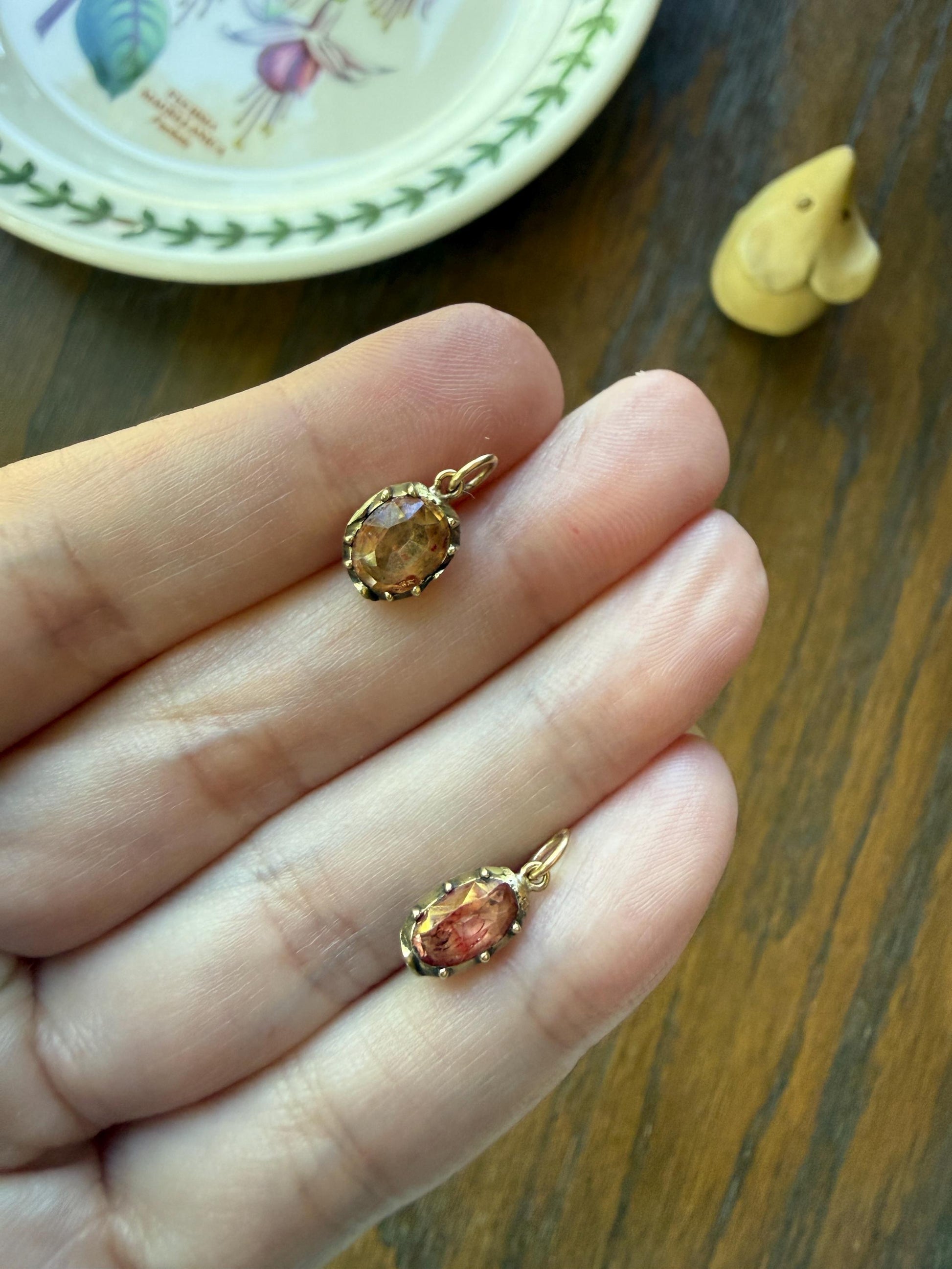 Georgian ANTIQUE Old Cut Precious Golden Topaz Pendant Bracelet Charm 18k 14k Gold Victorian Minimalist Peach Pink Dusty Rose Collet Set