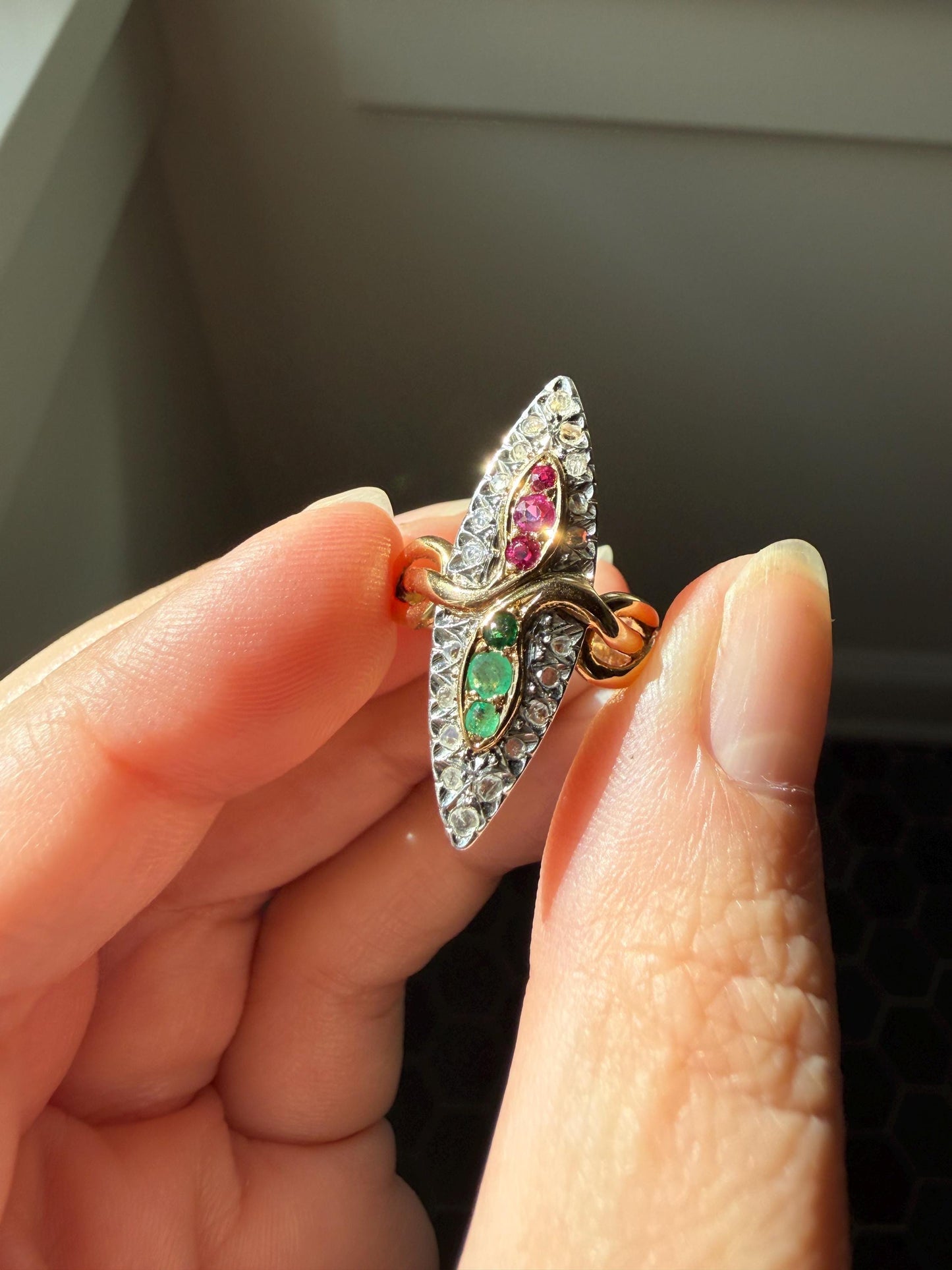 Double SNAKES Antique Ring Natural Ruby Emerald Rose Cut DIAMOND Halo Navette Ring 18k Gold Platinum Red Green Victorian
