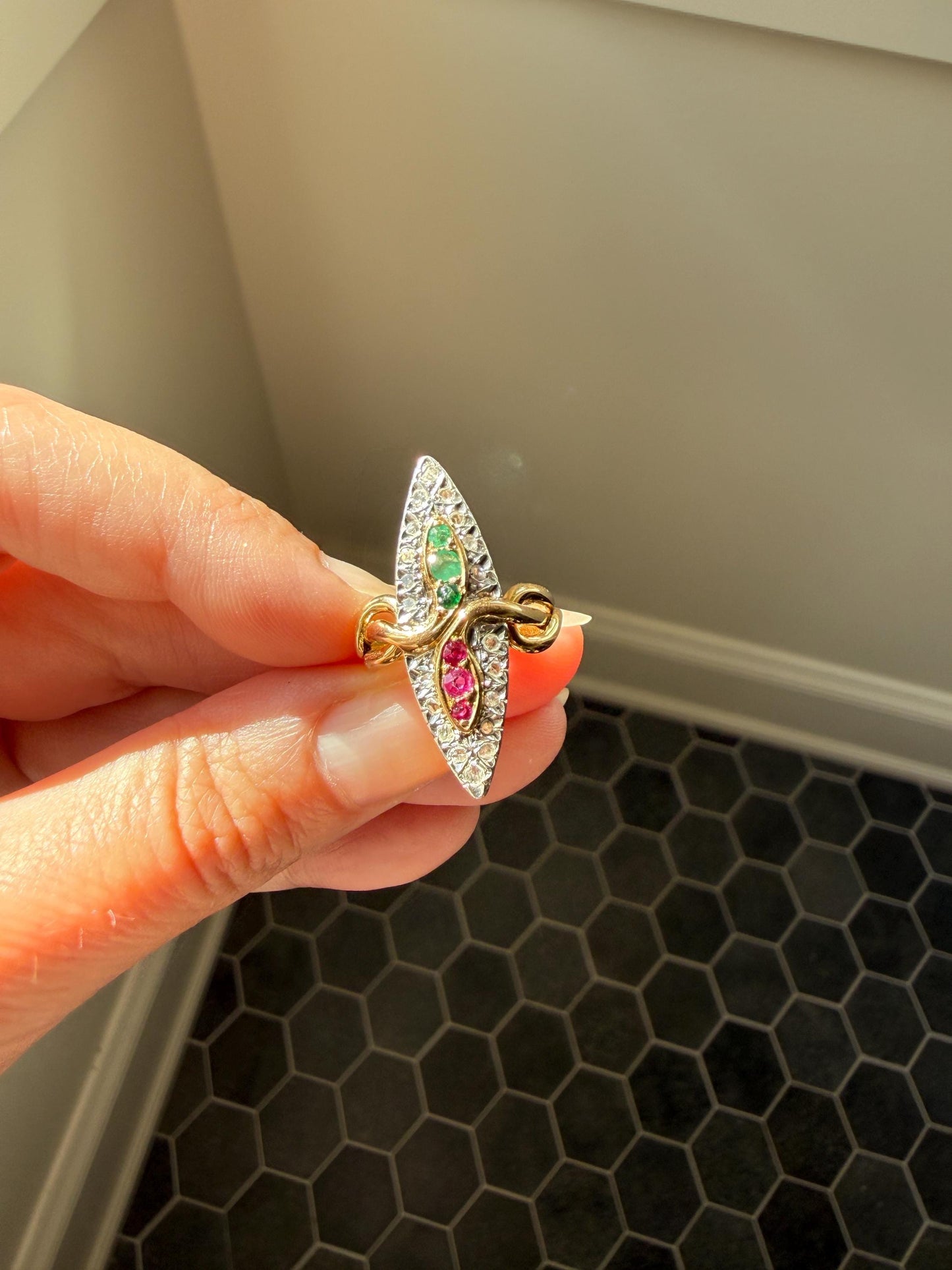 Double SNAKES Antique Ring Natural Ruby Emerald Rose Cut DIAMOND Halo Navette Ring 18k Gold Platinum Red Green Victorian
