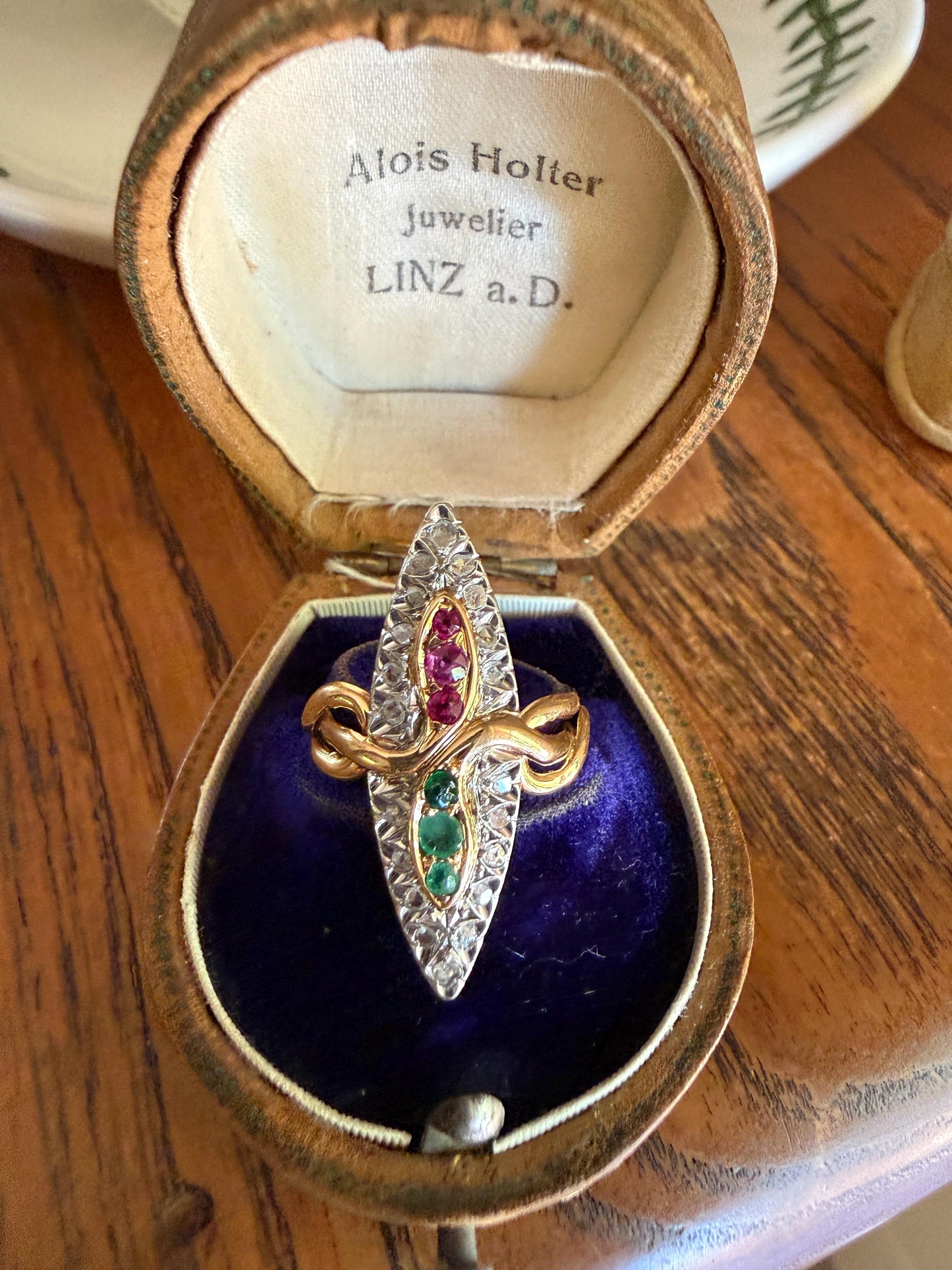 Double SNAKES Antique Ring Natural Ruby Emerald Rose Cut DIAMOND Halo Navette Ring 18k Gold Platinum Red Green Victorian