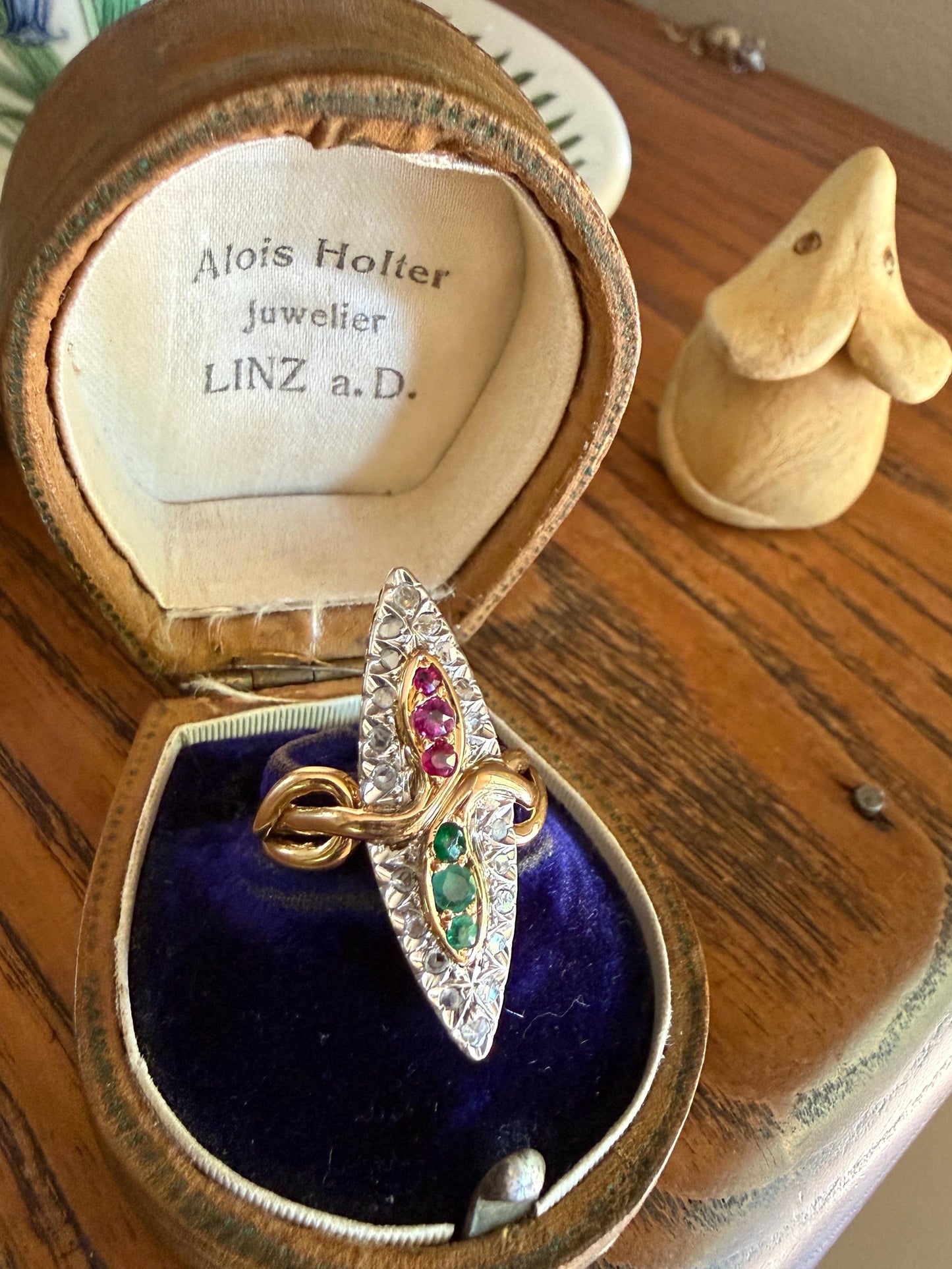 Double SNAKES Antique Ring Natural Ruby Emerald Rose Cut DIAMOND Halo Navette Ring 18k Gold Platinum Red Green Victorian