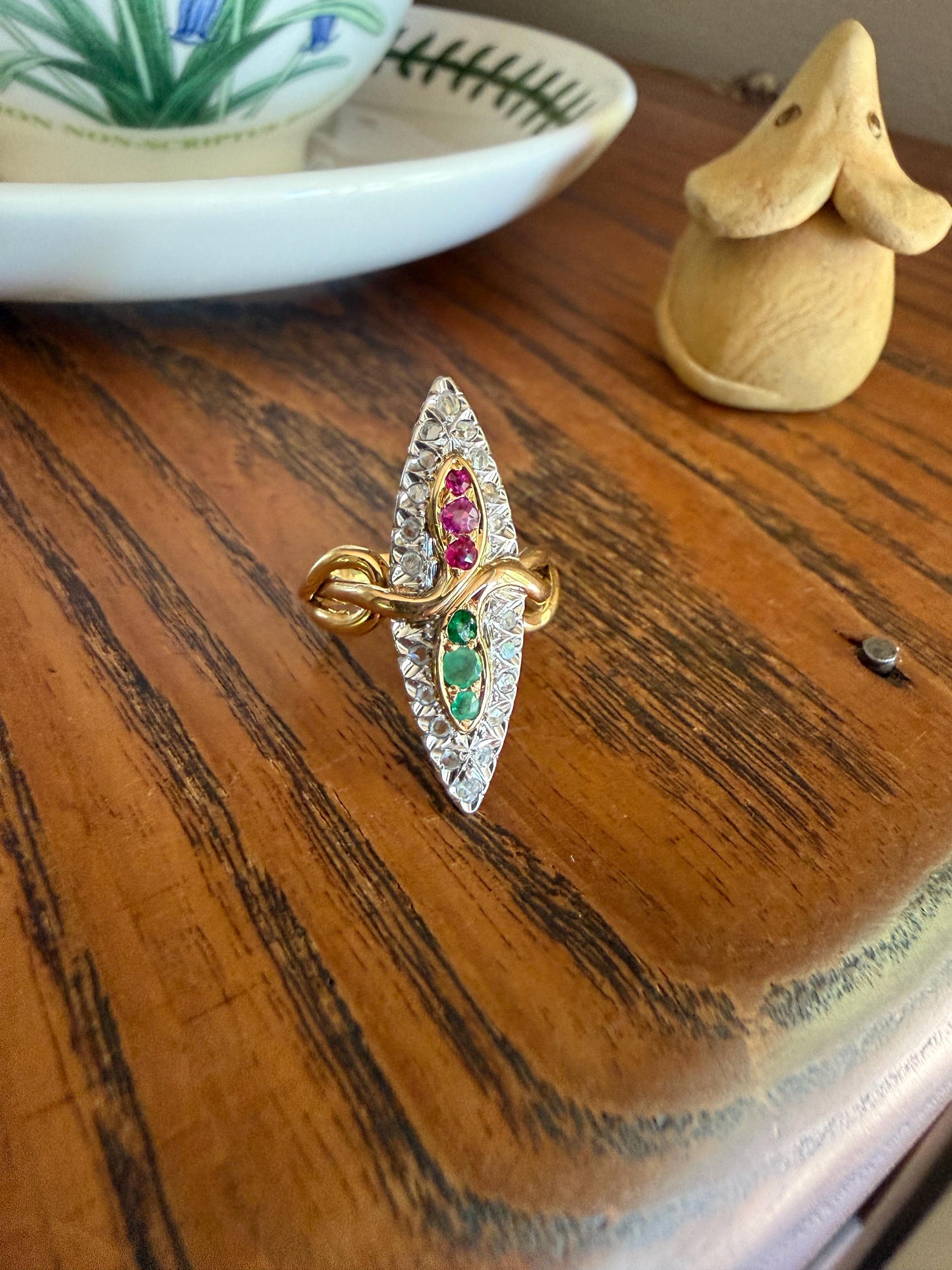Double SNAKES Antique Ring Natural Ruby Emerald Rose Cut DIAMOND Halo Navette Ring 18k Gold Platinum Red Green Victorian