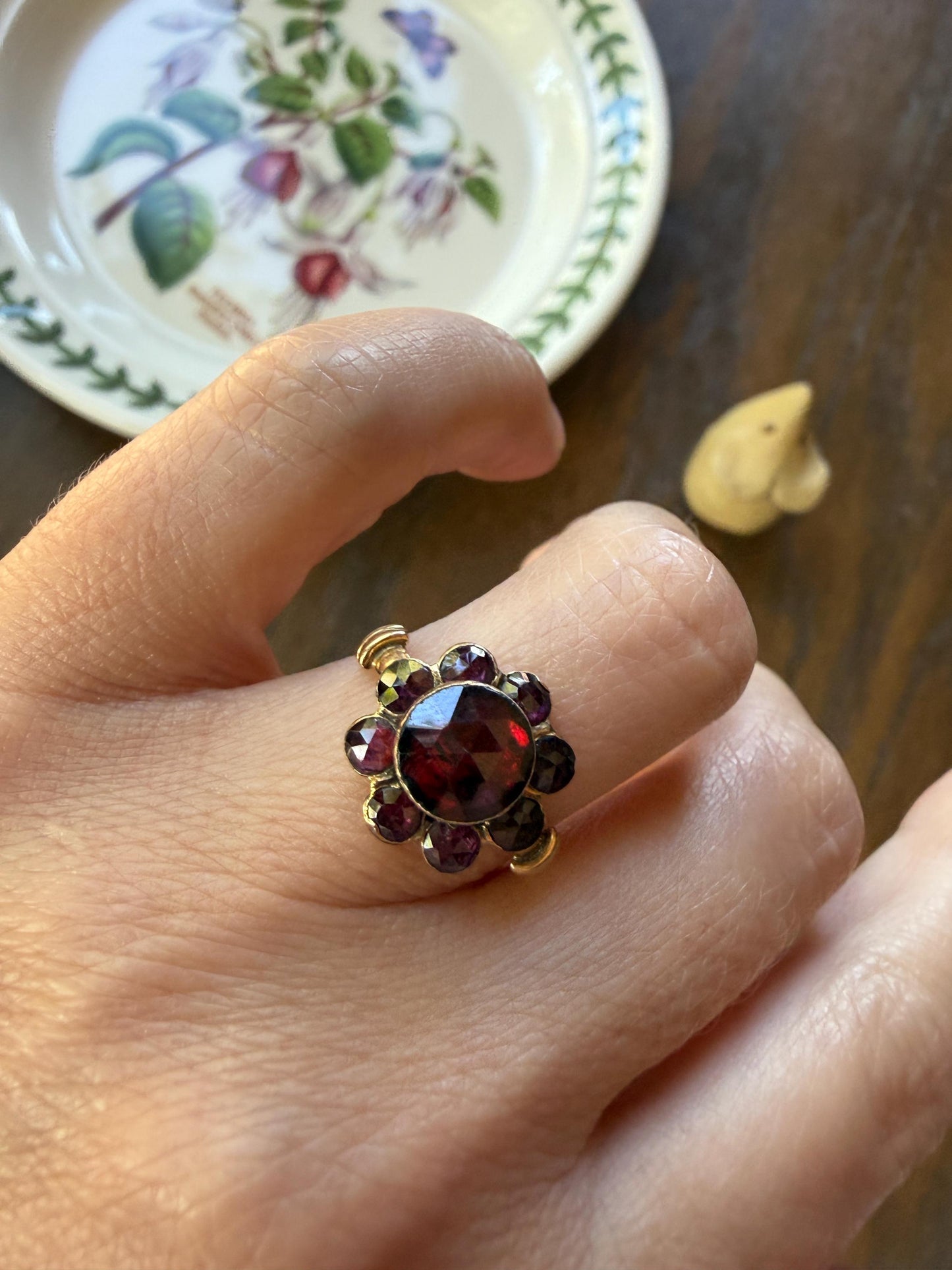 Antique Perpignan GARNET Almandine Cluster Ring French VICTORIAN Era 18k Gold Floral Daisy Glowing Purple Pink Sparkle Bezel Set