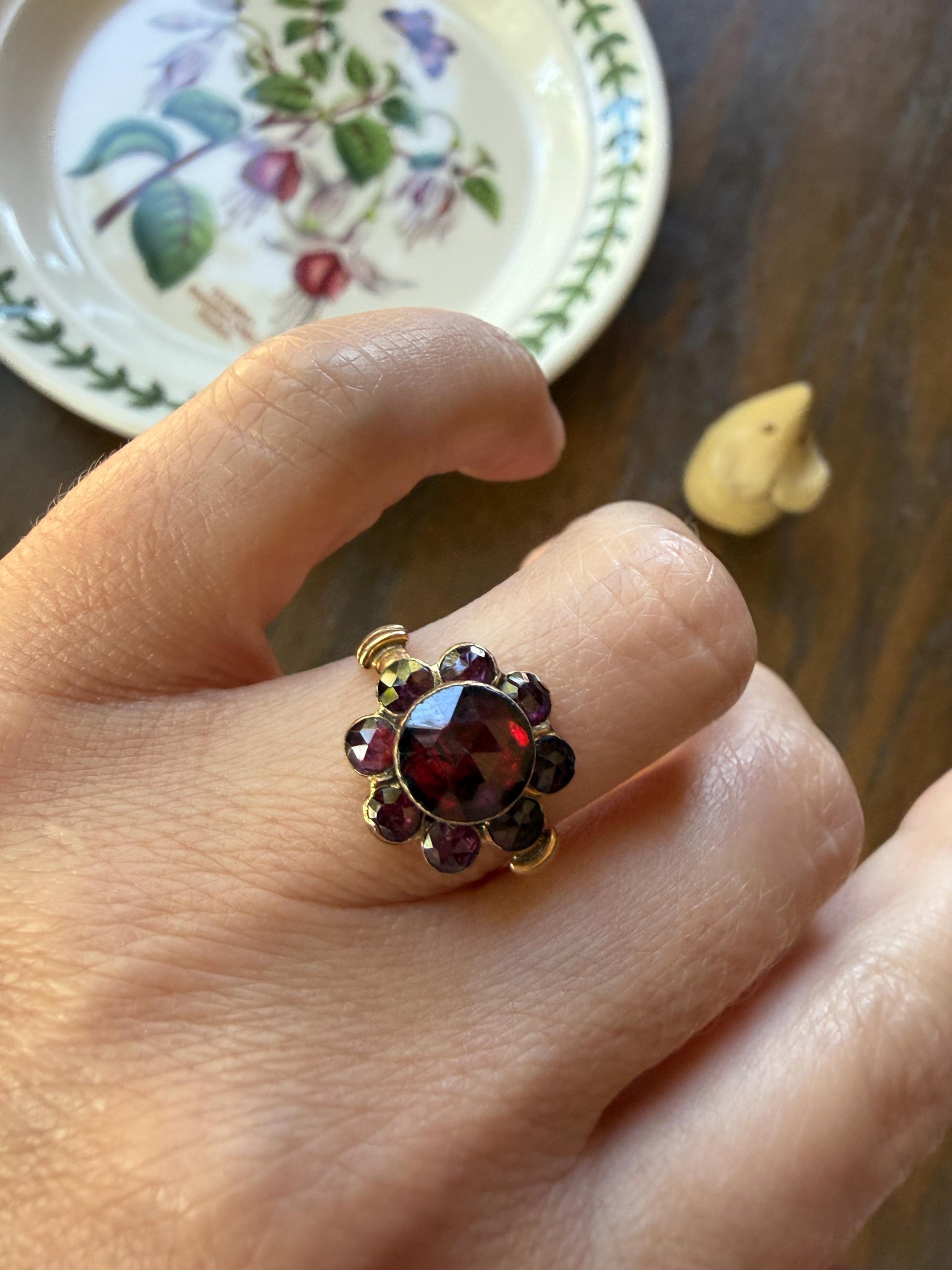 Antique Perpignan GARNET Almandine Cluster Ring French VICTORIAN Era 18k Gold Floral Daisy Glowing Purple Pink Sparkle Bezel Set