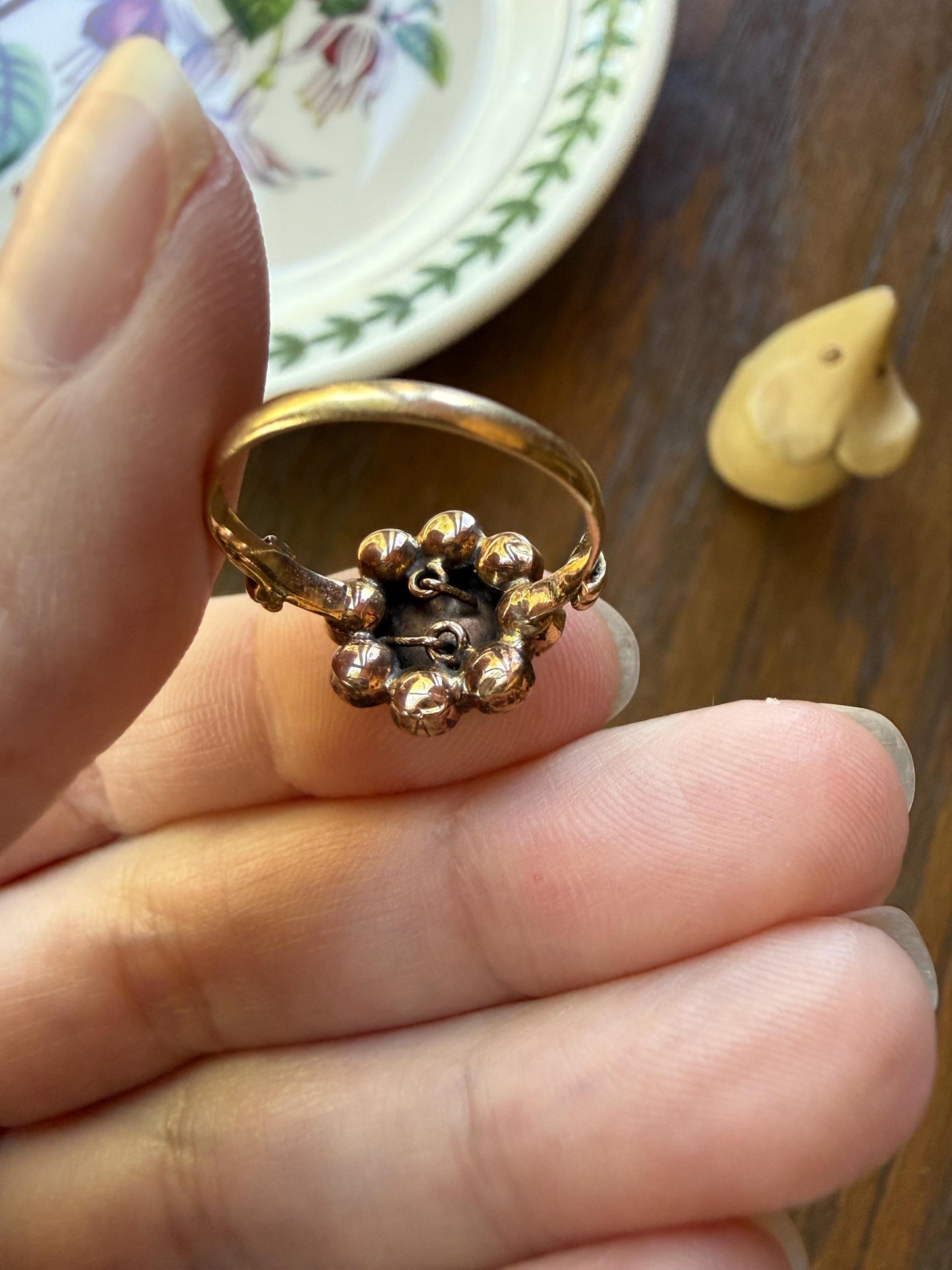 Antique Perpignan GARNET Almandine Cluster Ring French VICTORIAN Era 18k Gold Floral Daisy Glowing Purple Pink Sparkle Bezel Set