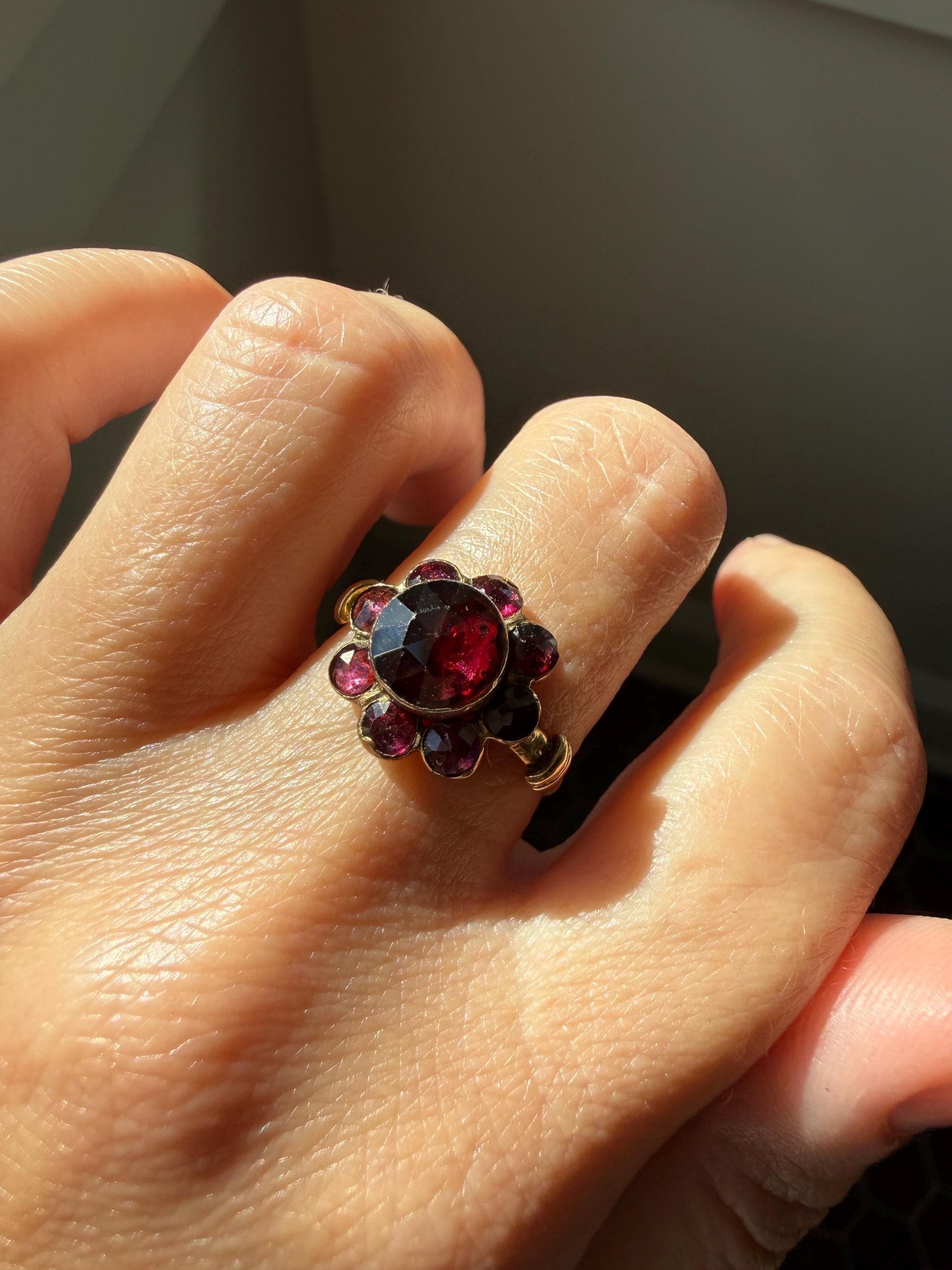 Antique Perpignan GARNET Almandine Cluster Ring French VICTORIAN Era 18k Gold Floral Daisy Glowing Purple Pink Sparkle Bezel Set