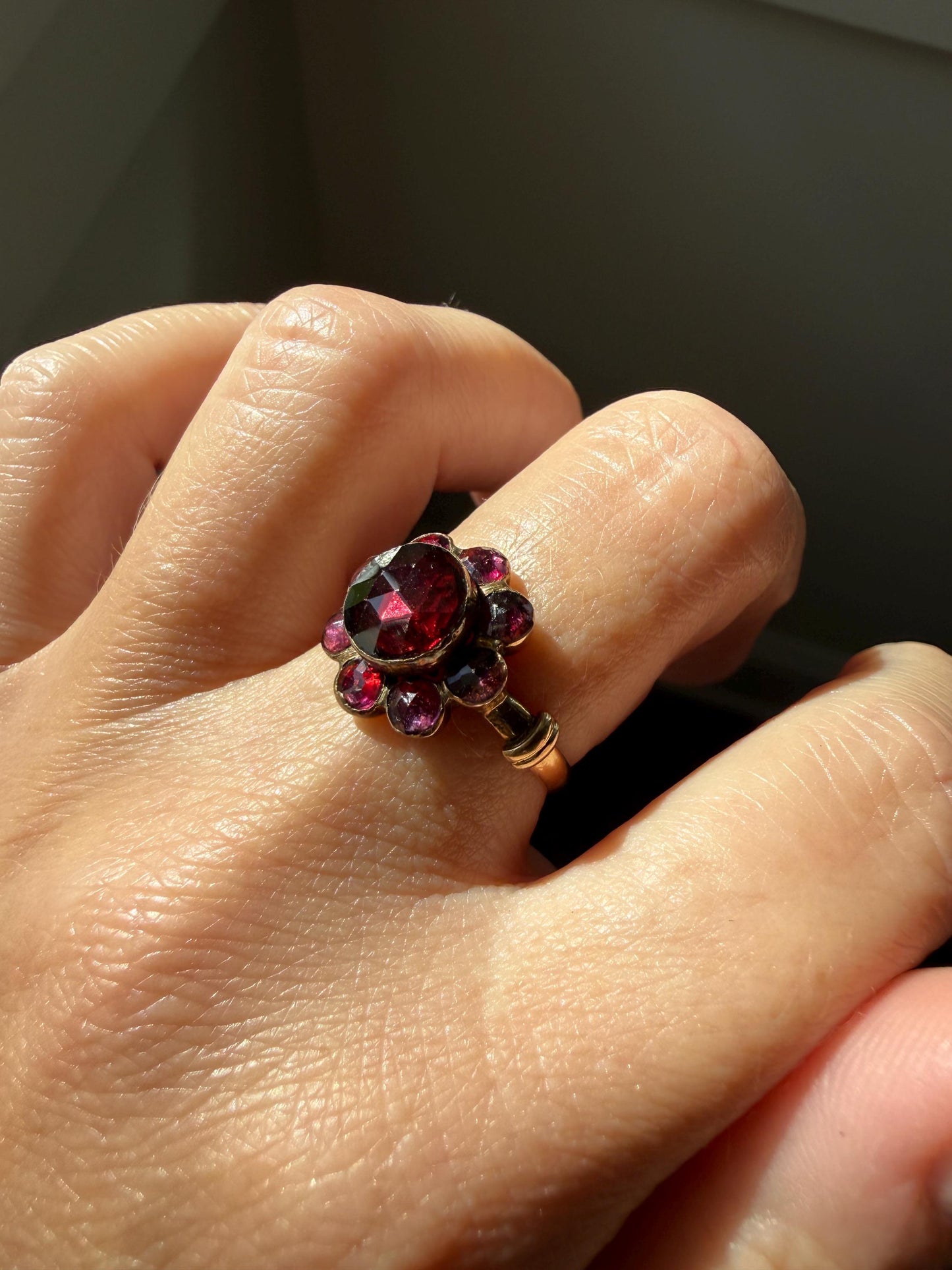 Antique Perpignan GARNET Almandine Cluster Ring French VICTORIAN Era 18k Gold Floral Daisy Glowing Purple Pink Sparkle Bezel Set