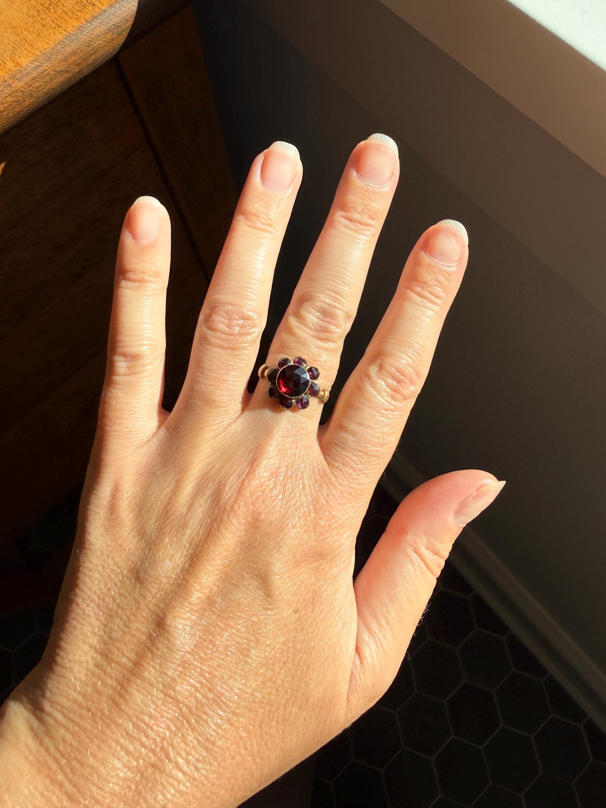 Antique Perpignan GARNET Almandine Cluster Ring French VICTORIAN Era 18k Gold Floral Daisy Glowing Purple Pink Sparkle Bezel Set