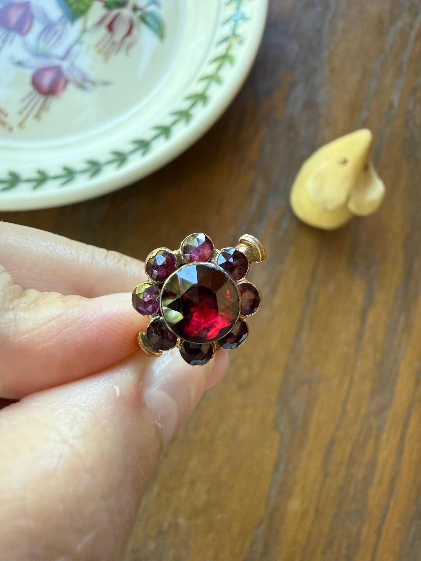 Antique Perpignan GARNET Almandine Cluster Ring French VICTORIAN Era 18k Gold Floral Daisy Glowing Purple Pink Sparkle Bezel Set