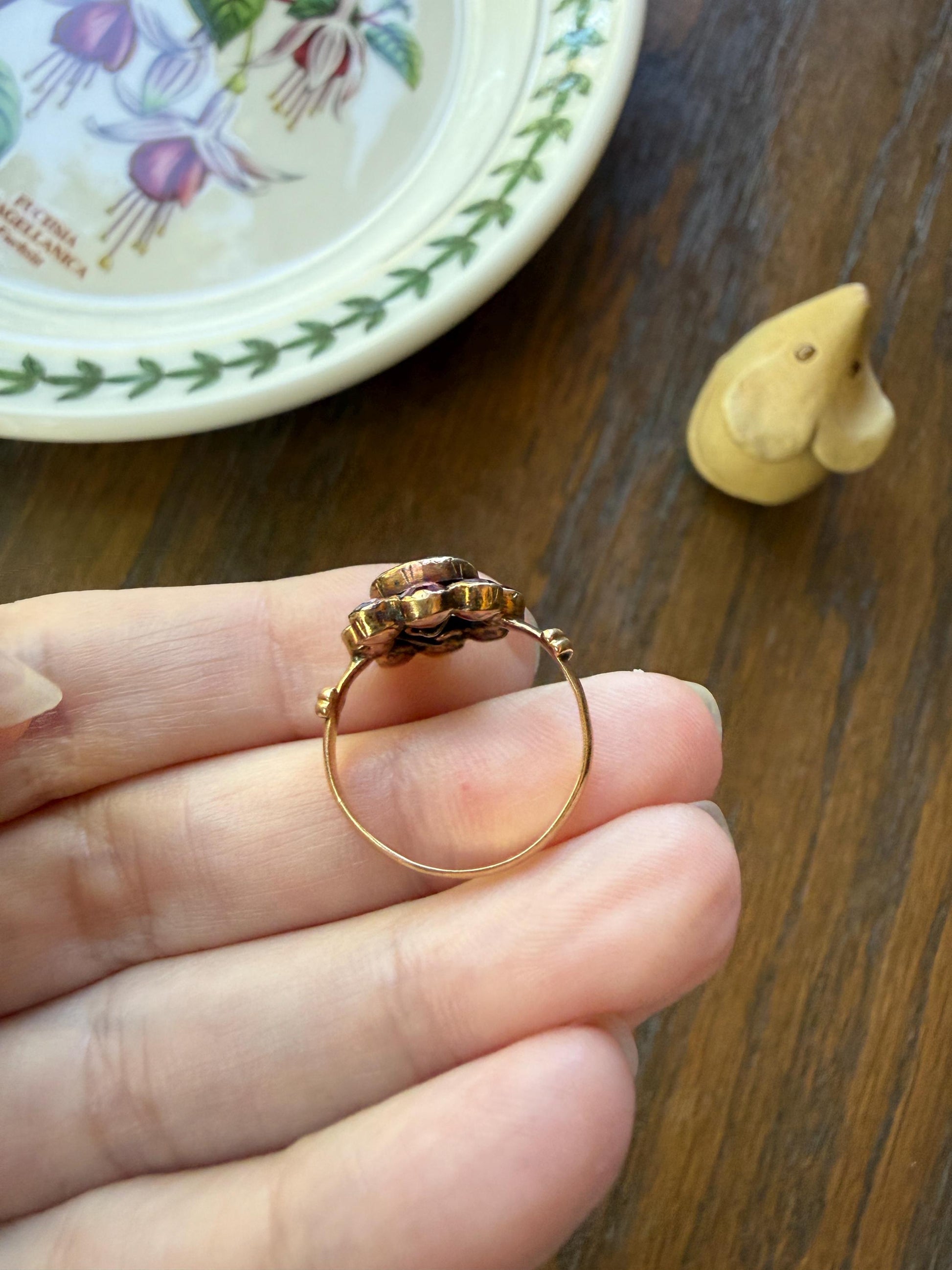 Antique Perpignan GARNET Almandine Cluster Ring French VICTORIAN Era 18k Gold Floral Daisy Glowing Purple Pink Sparkle Bezel Set