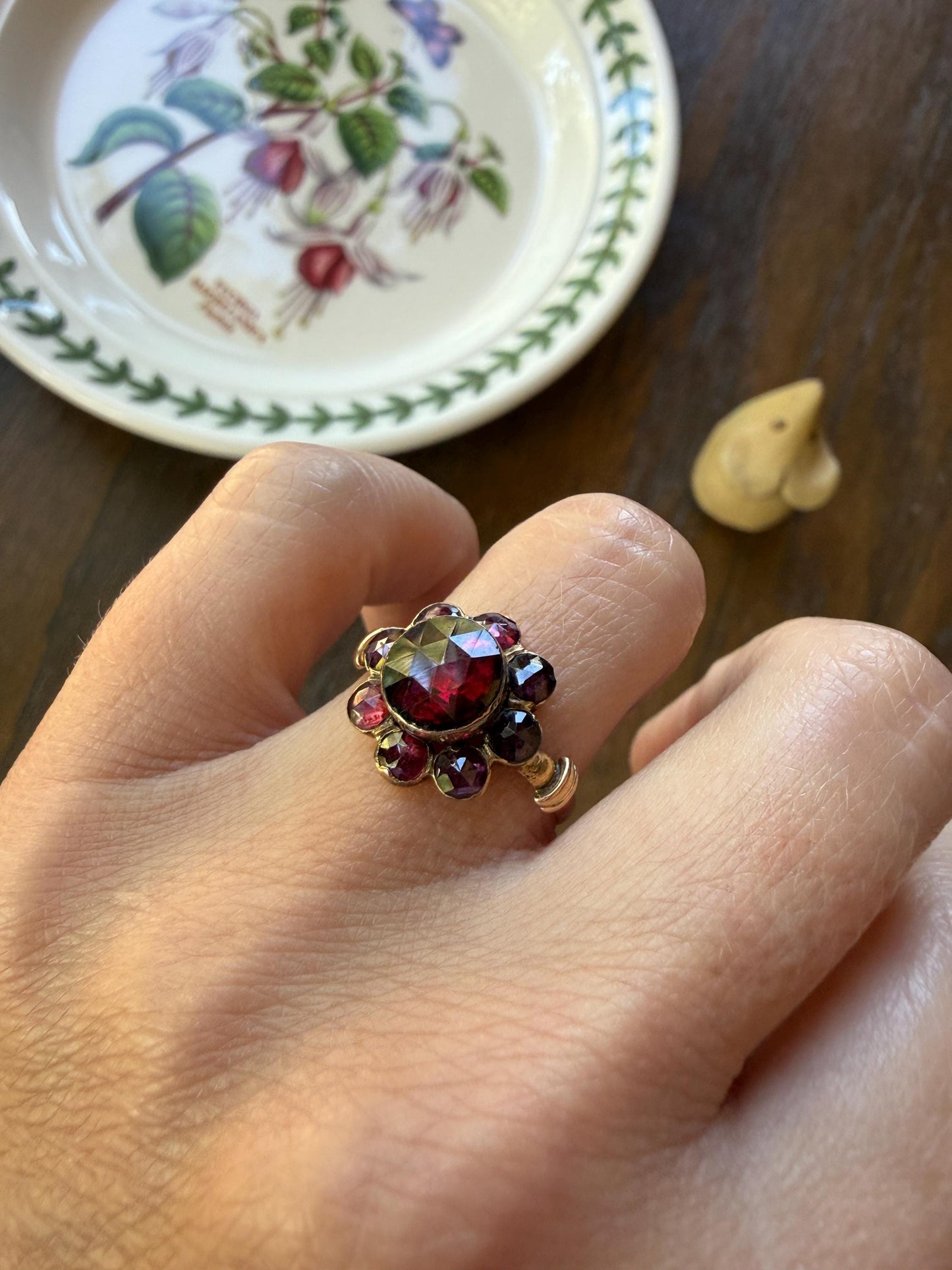 Antique Perpignan GARNET Almandine Cluster Ring French VICTORIAN Era 18k Gold Floral Daisy Glowing Purple Pink Sparkle Bezel Set