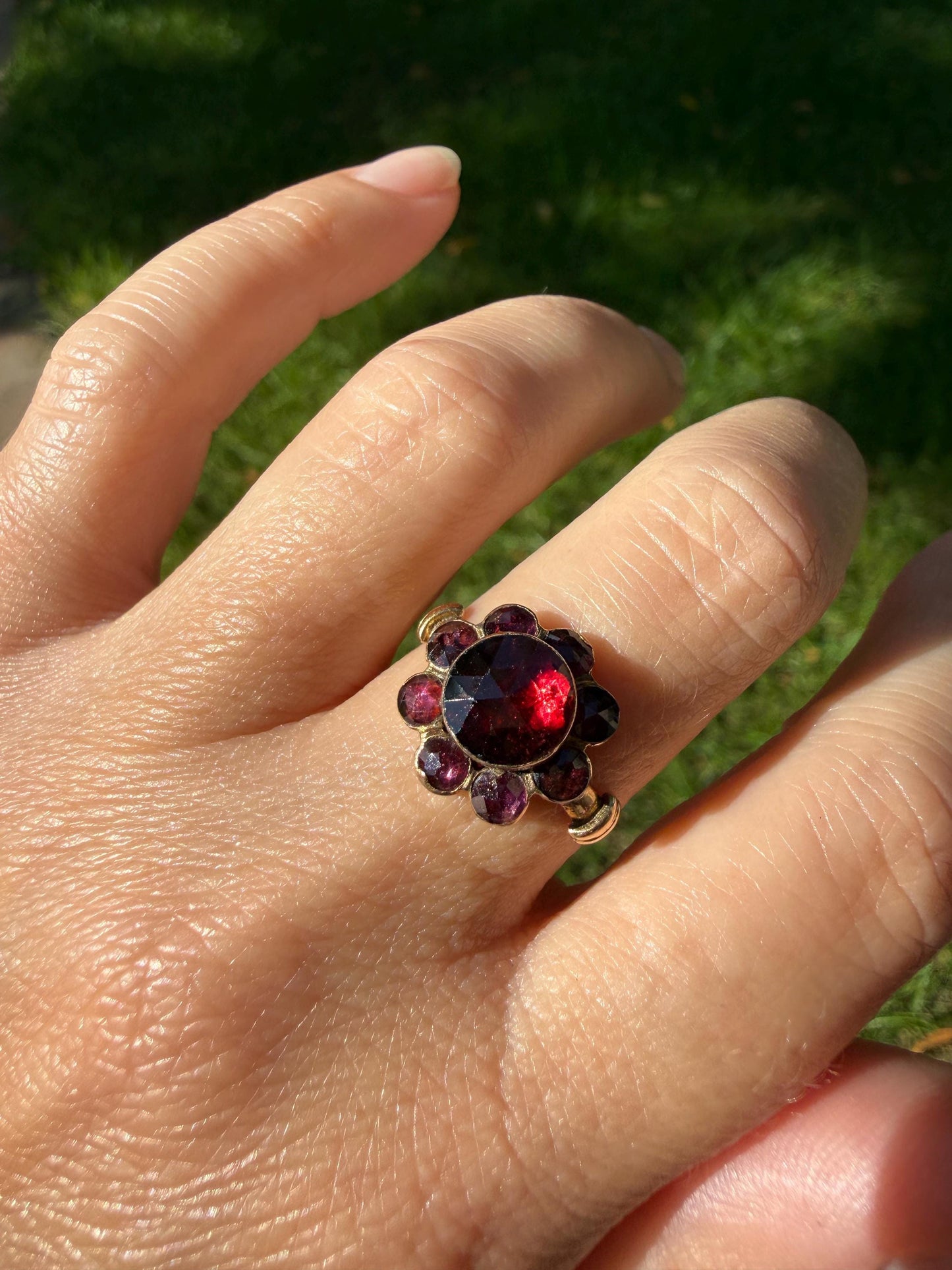 Antique Perpignan GARNET Almandine Cluster Ring French VICTORIAN Era 18k Gold Floral Daisy Glowing Purple Pink Sparkle Bezel Set