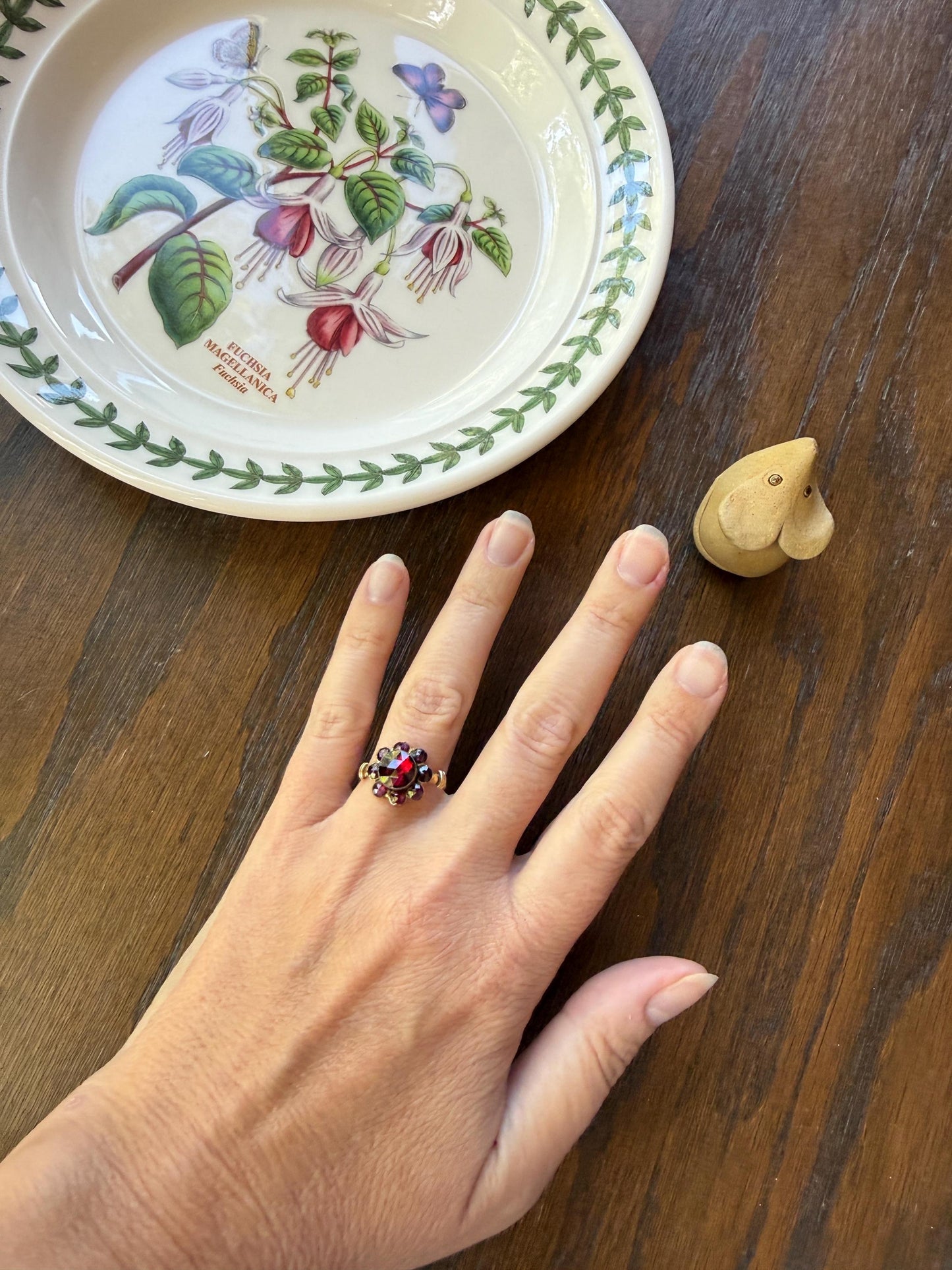 Antique Perpignan GARNET Almandine Cluster Ring French VICTORIAN Era 18k Gold Floral Daisy Glowing Purple Pink Sparkle Bezel Set