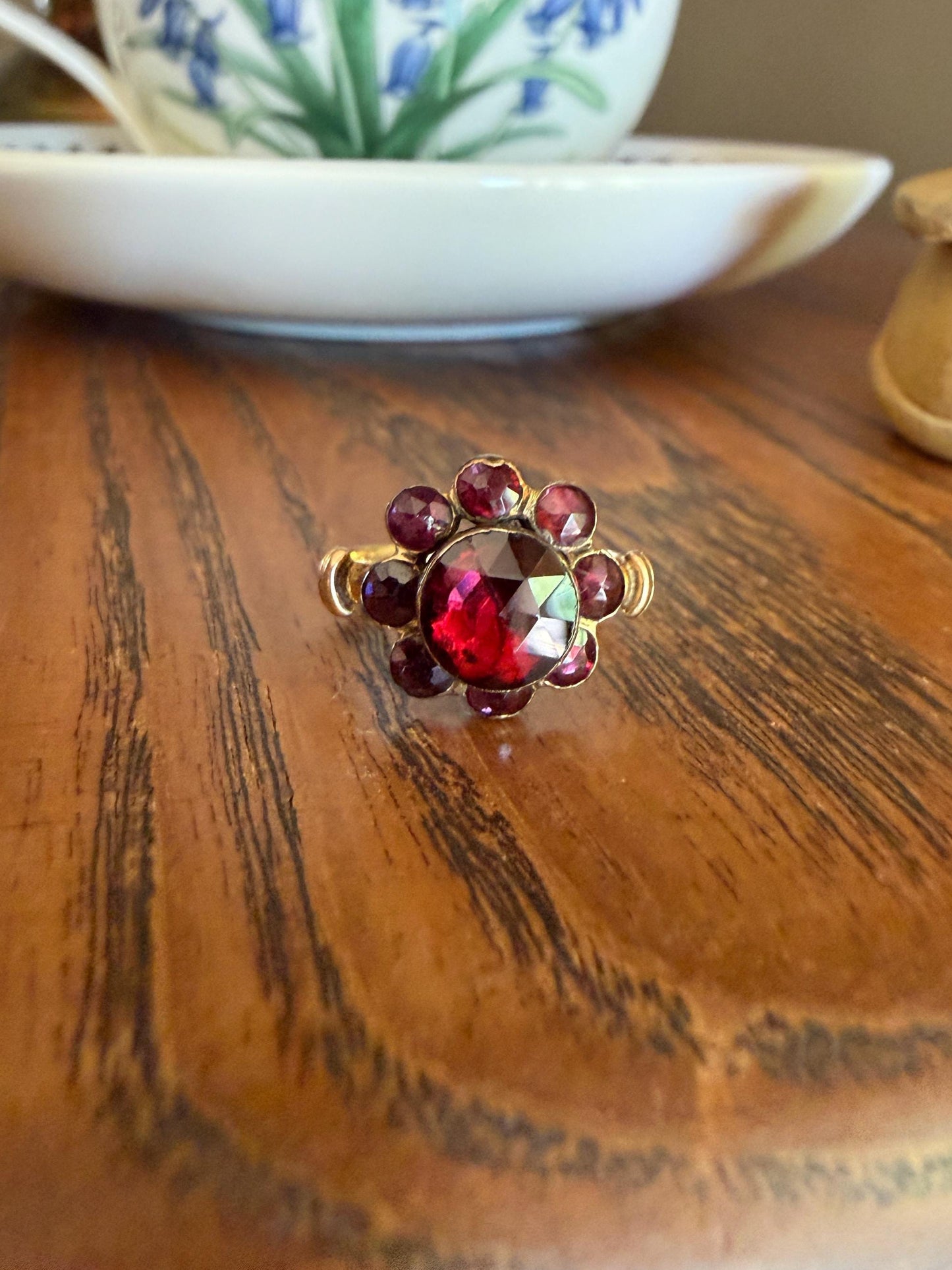 Antique Perpignan GARNET Almandine Cluster Ring French VICTORIAN Era 18k Gold Floral Daisy Glowing Purple Pink Sparkle Bezel Set