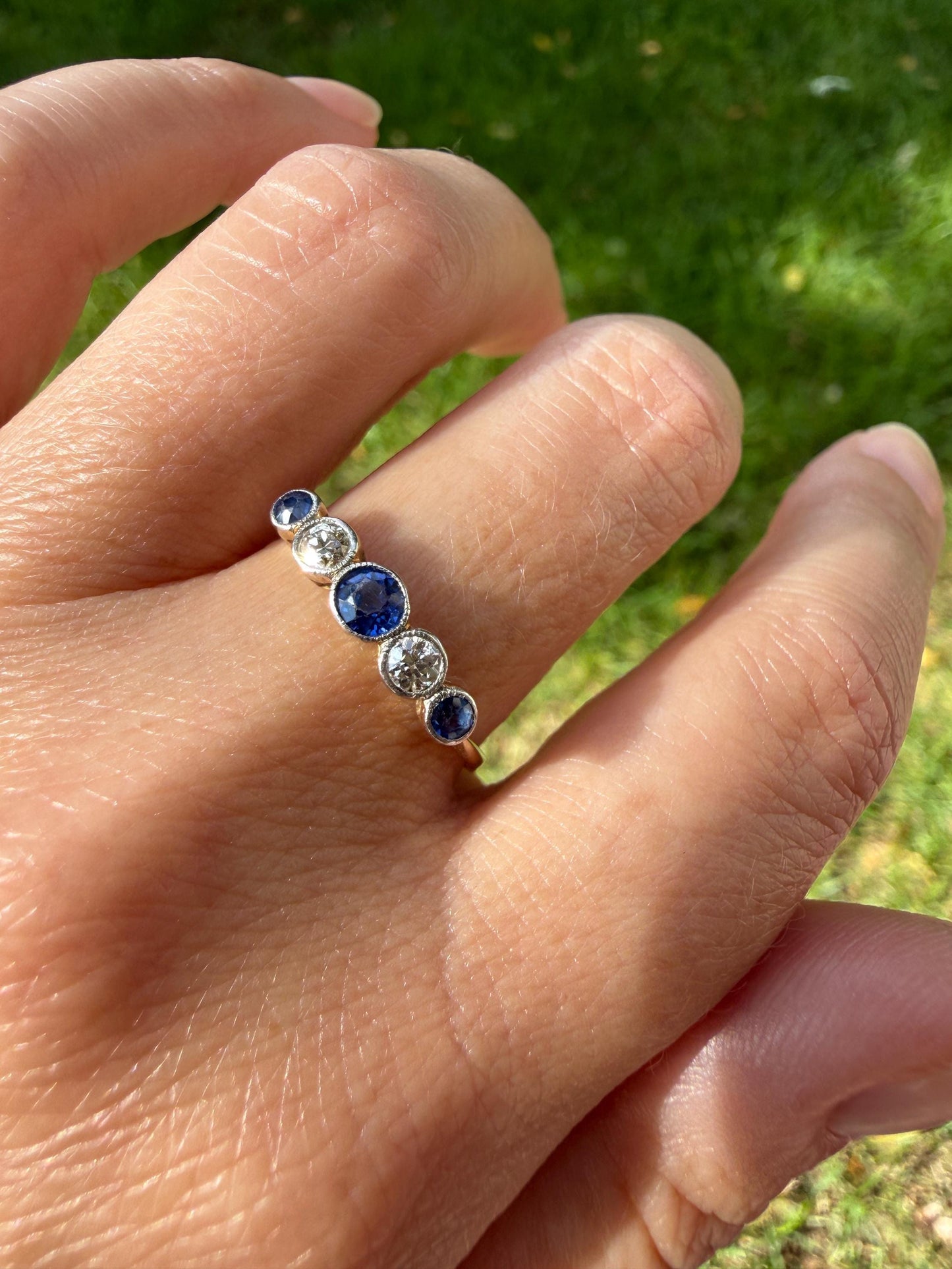 Antique 18k Gold Five Stone Stacker Ring SAPPHIRE Transitional Cut DIAMOND Alternating Row Ring Skinny Band Linear Two Tone Blue Unique Gift