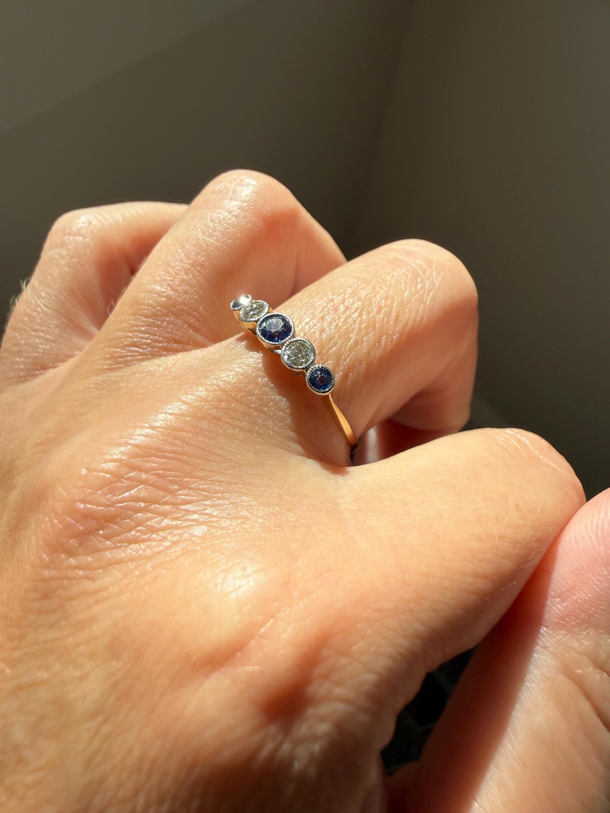 Antique 18k Gold Five Stone Stacker Ring SAPPHIRE Transitional Cut DIAMOND Alternating Row Ring Skinny Band Linear Two Tone Blue Unique Gift