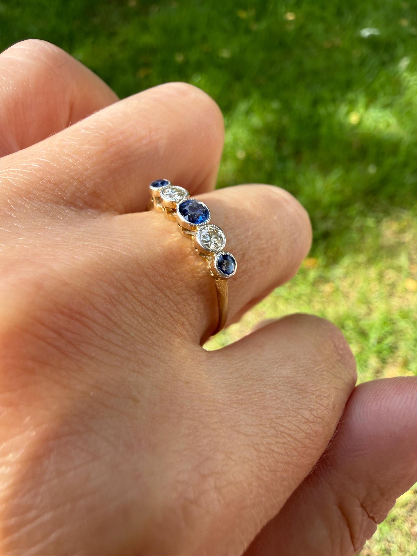 Antique 18k Gold Five Stone Stacker Ring SAPPHIRE Transitional Cut DIAMOND Alternating Row Ring Skinny Band Linear Two Tone Blue Unique Gift