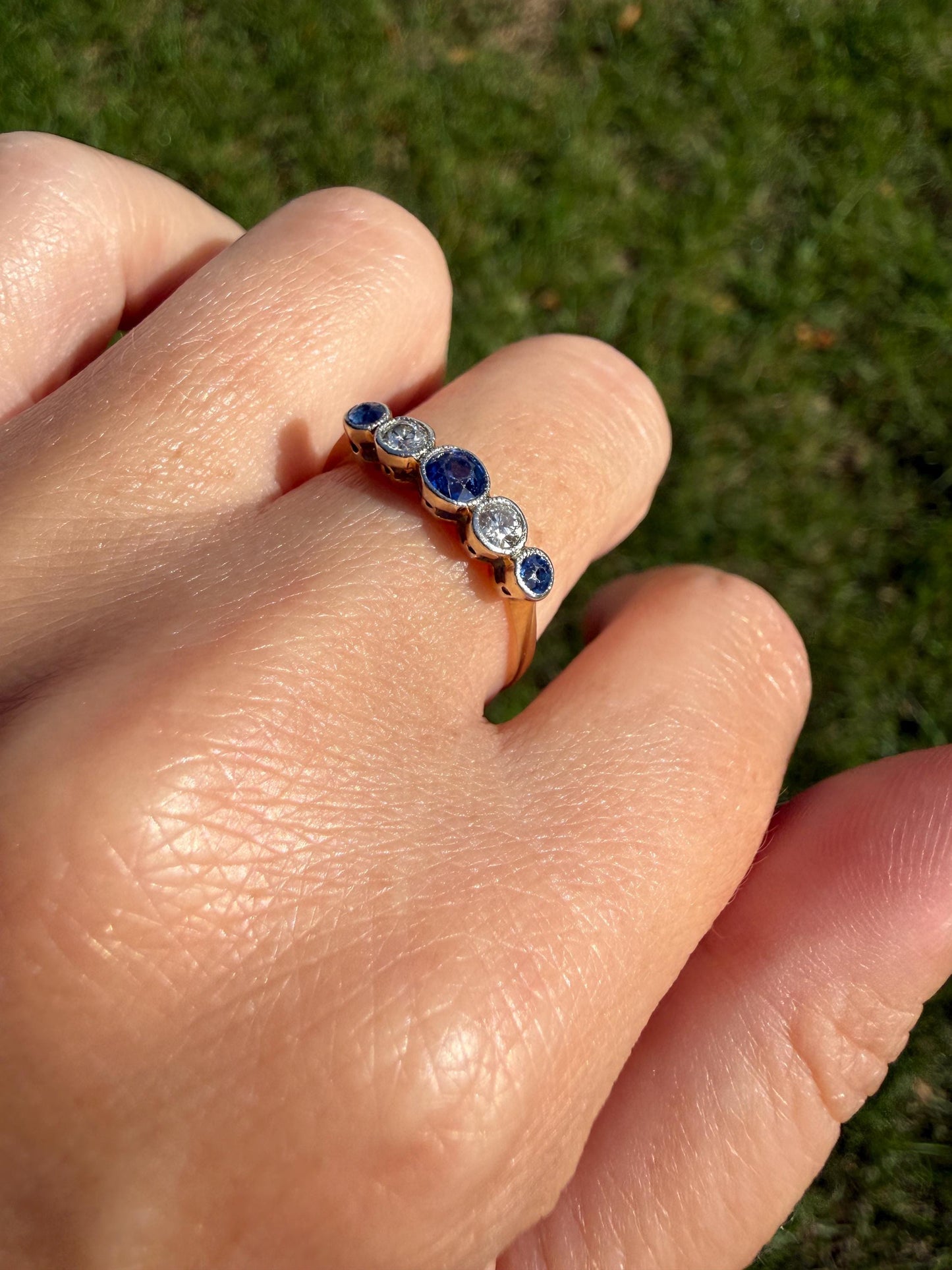 Antique 18k Gold Five Stone Stacker Ring SAPPHIRE Transitional Cut DIAMOND Alternating Row Ring Skinny Band Linear Two Tone Blue Unique Gift