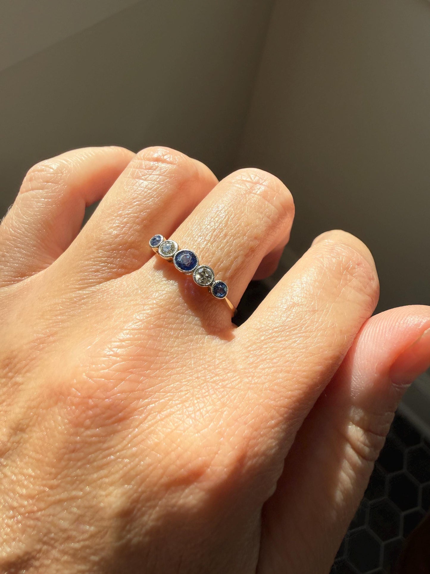Antique 18k Gold Five Stone Stacker Ring SAPPHIRE Transitional Cut DIAMOND Alternating Row Ring Skinny Band Linear Two Tone Blue Unique Gift