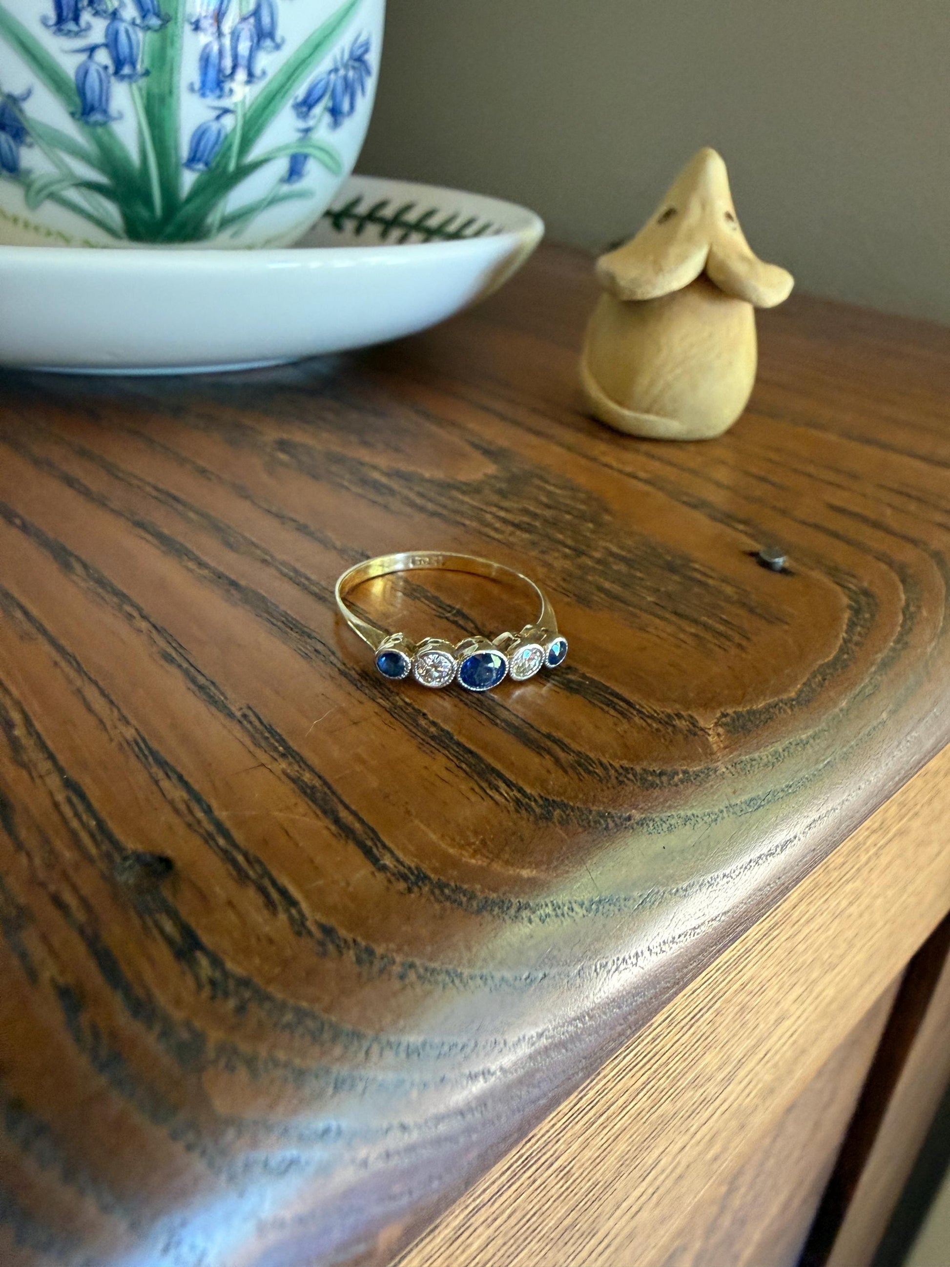 Antique 18k Gold Five Stone Stacker Ring SAPPHIRE Transitional Cut DIAMOND Alternating Row Ring Skinny Band Linear Two Tone Blue Unique Gift