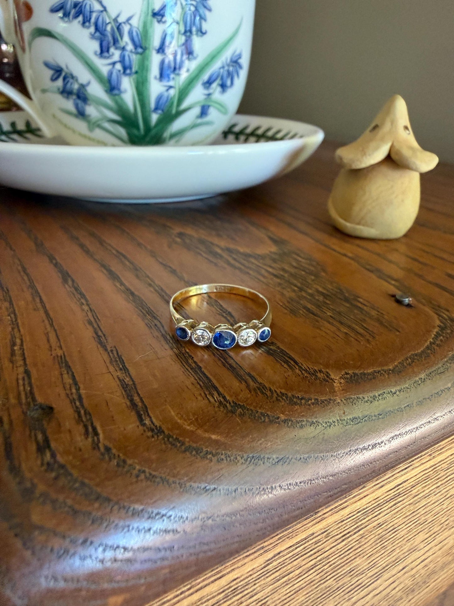 Antique 18k Gold Five Stone Stacker Ring SAPPHIRE Transitional Cut DIAMOND Alternating Row Ring Skinny Band Linear Two Tone Blue Unique Gift