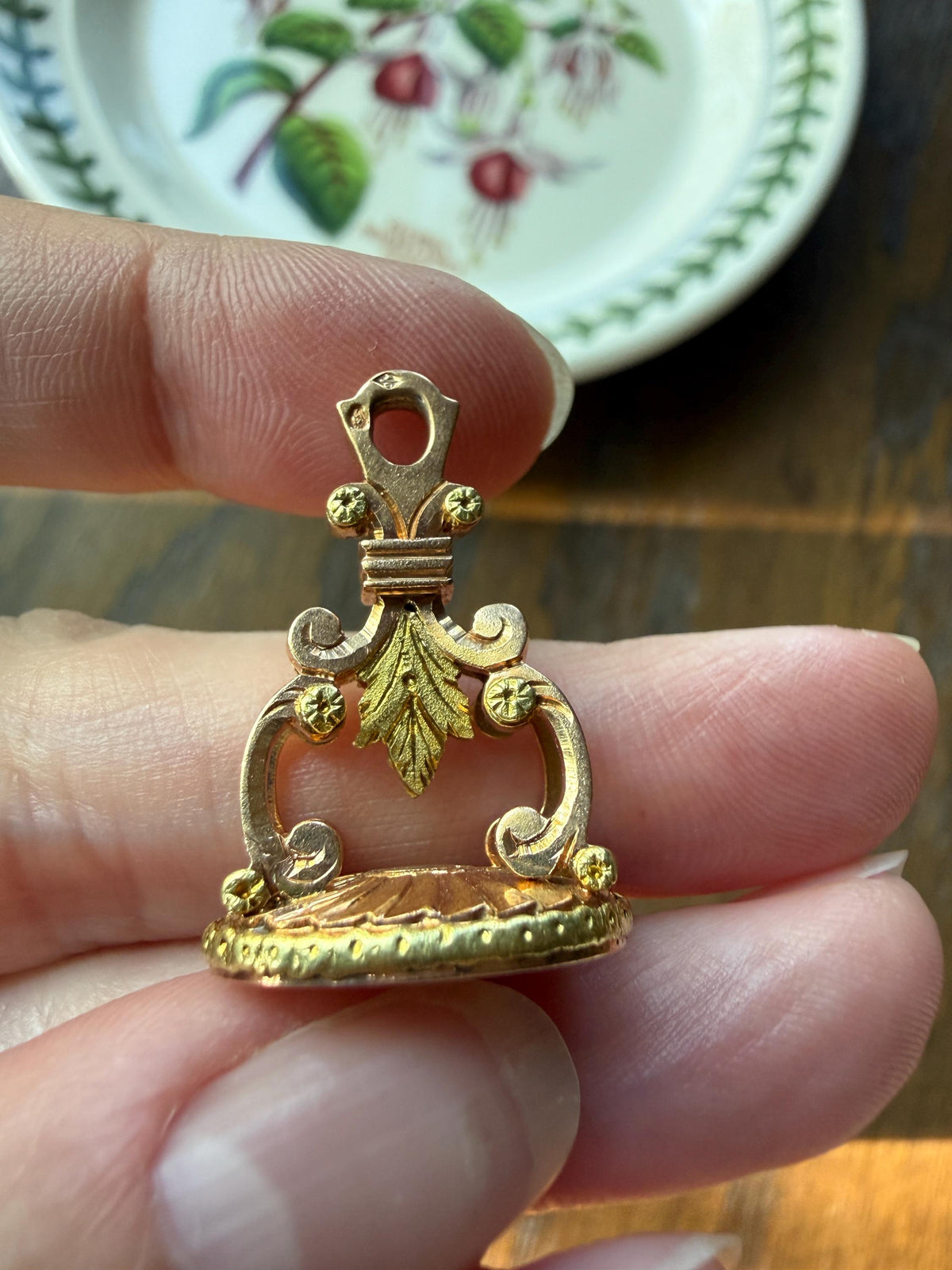 Heavy Letter " G " Fob Pendant French Antique 9g 18k Gold Solid Victorian Rose & Green Wax Seal Acanthus Leaf Belle Epoque Initial