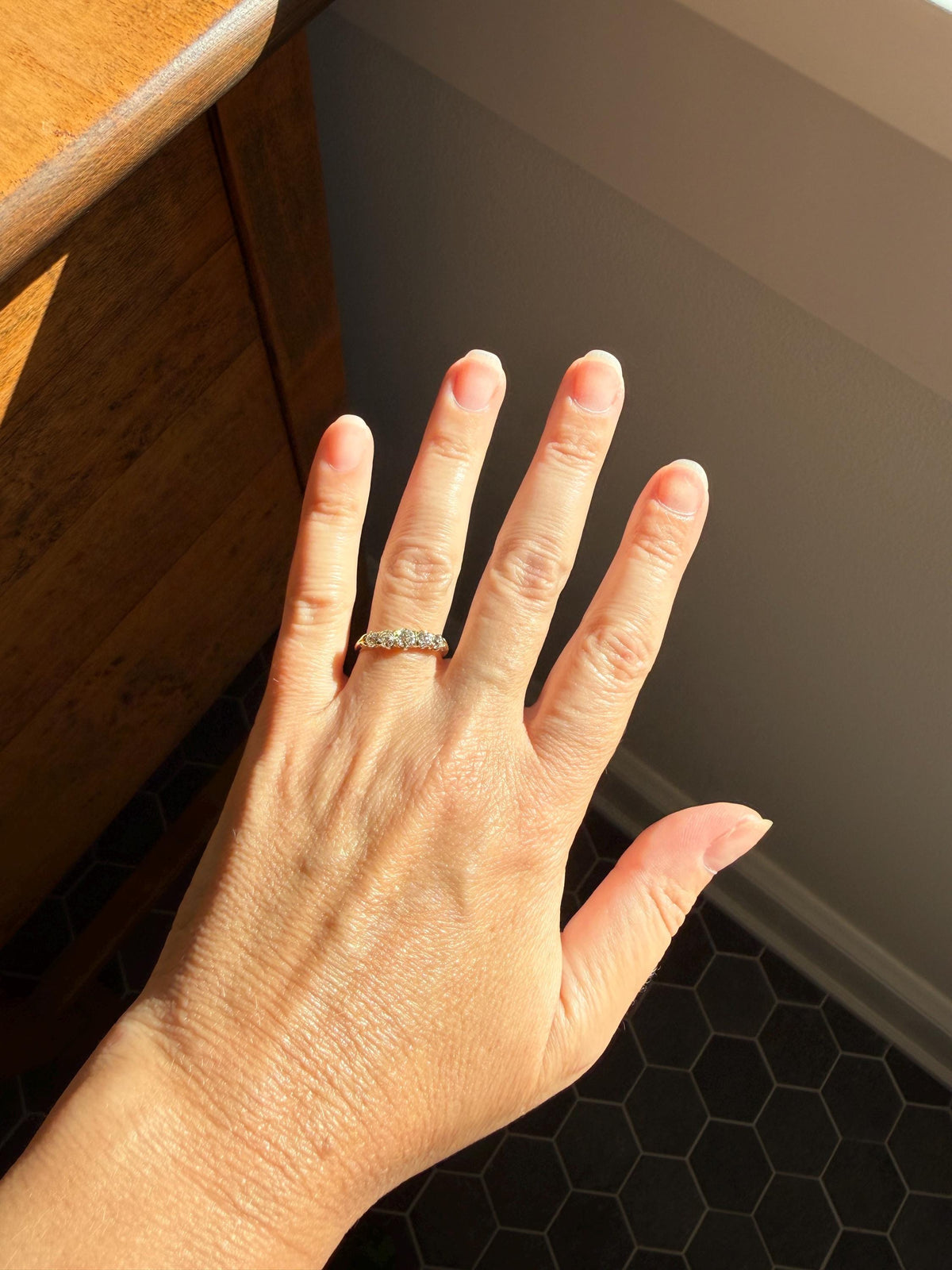 Victorian Antique .8 Carat Old Mine Cut Diamond Five Stone Ring 18k Gold Eye Clean Daily Wearer Band
