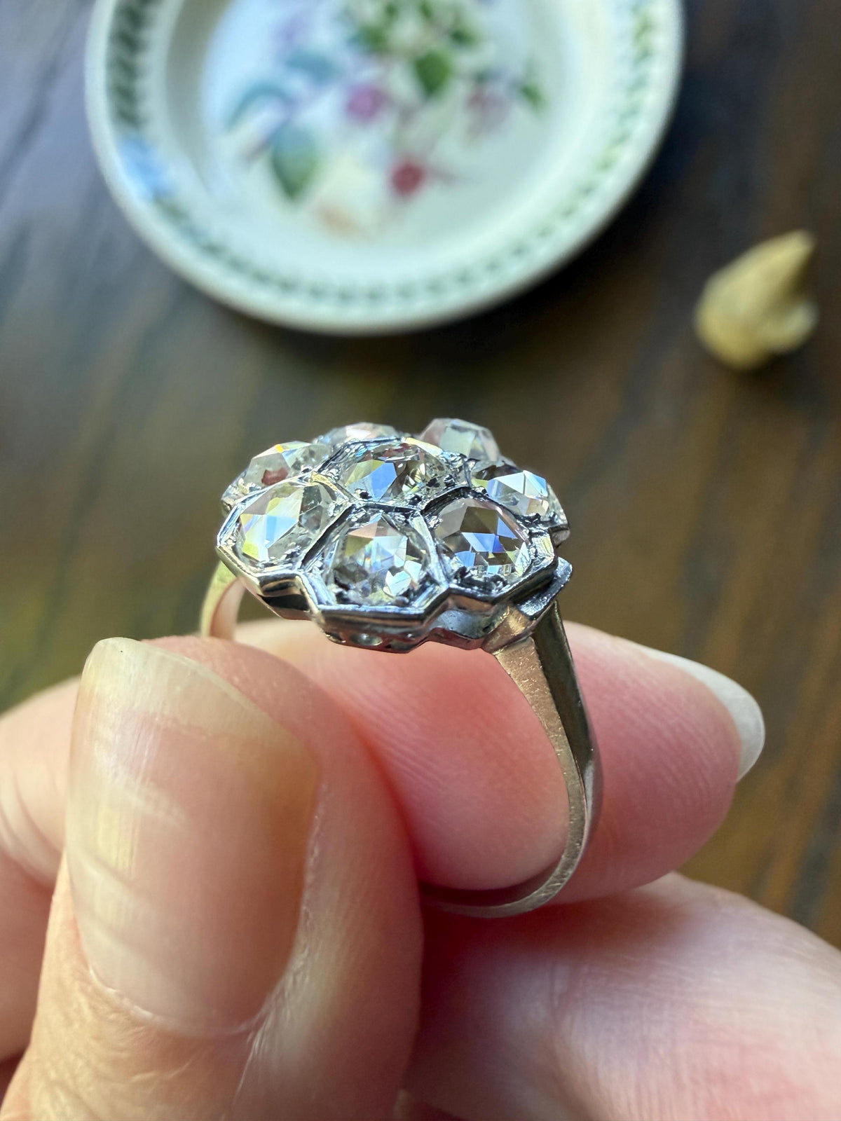 Antique Old Mine & Rose Cut Diamond Cobblestone Daisy Cluster Ring PLATINUM French Edwardian Disco Ball Halo
