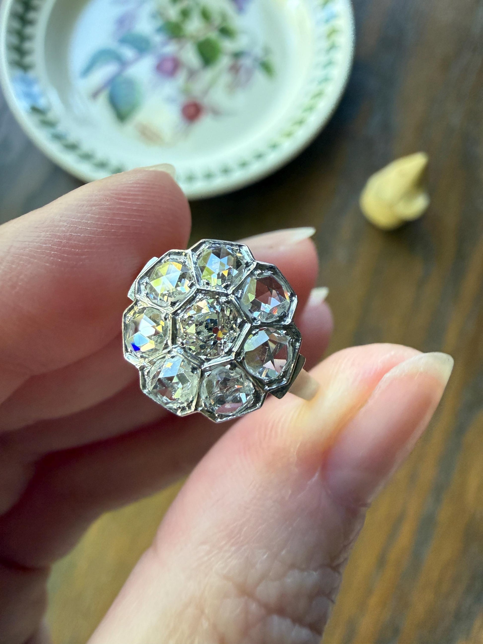 Antique Old Mine & Rose Cut Diamond Cobblestone Daisy Cluster Ring PLATINUM French Edwardian Disco Ball Halo