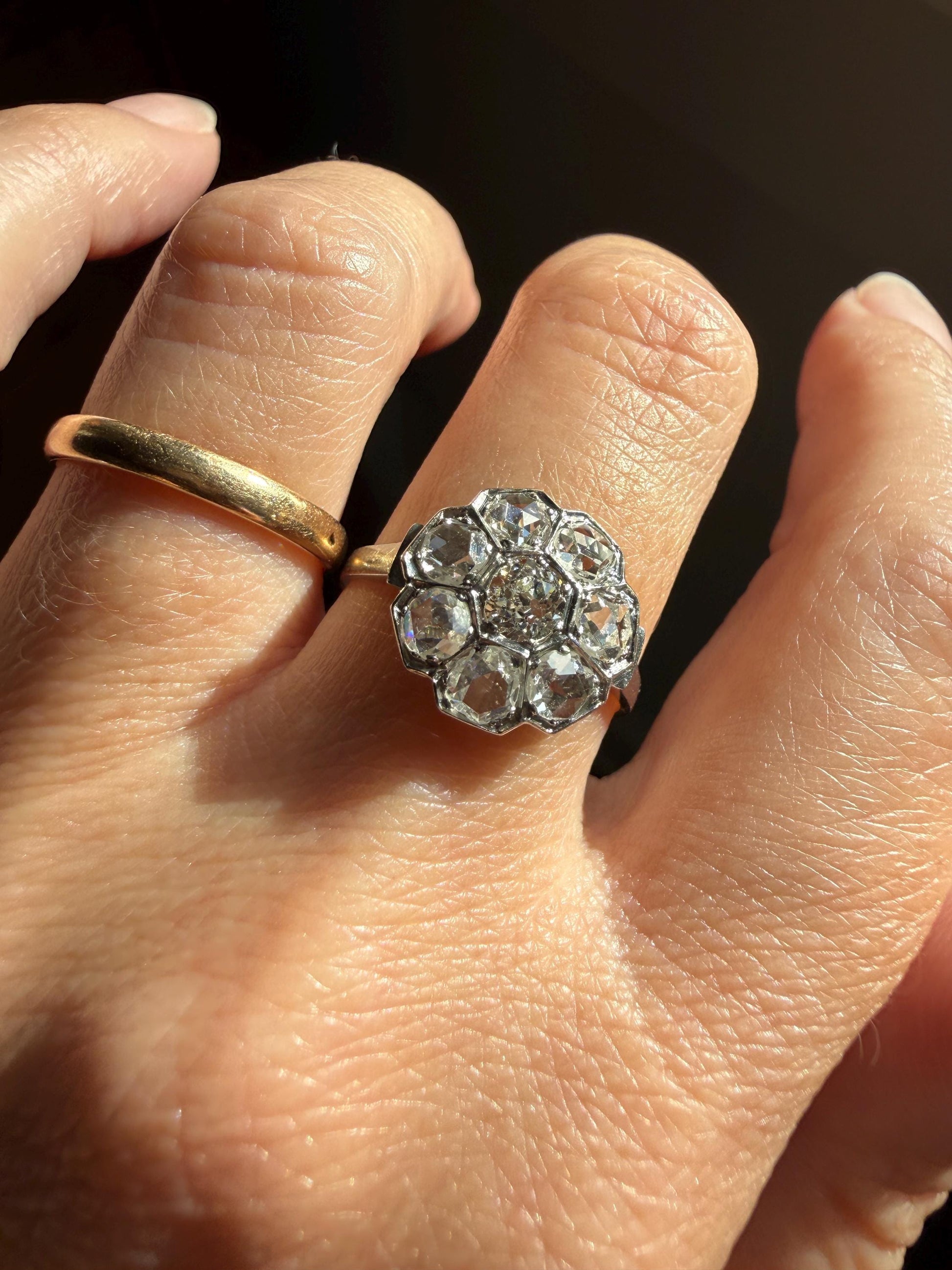 Antique Old Mine & Rose Cut Diamond Cobblestone Daisy Cluster Ring PLATINUM French Edwardian Disco Ball Halo