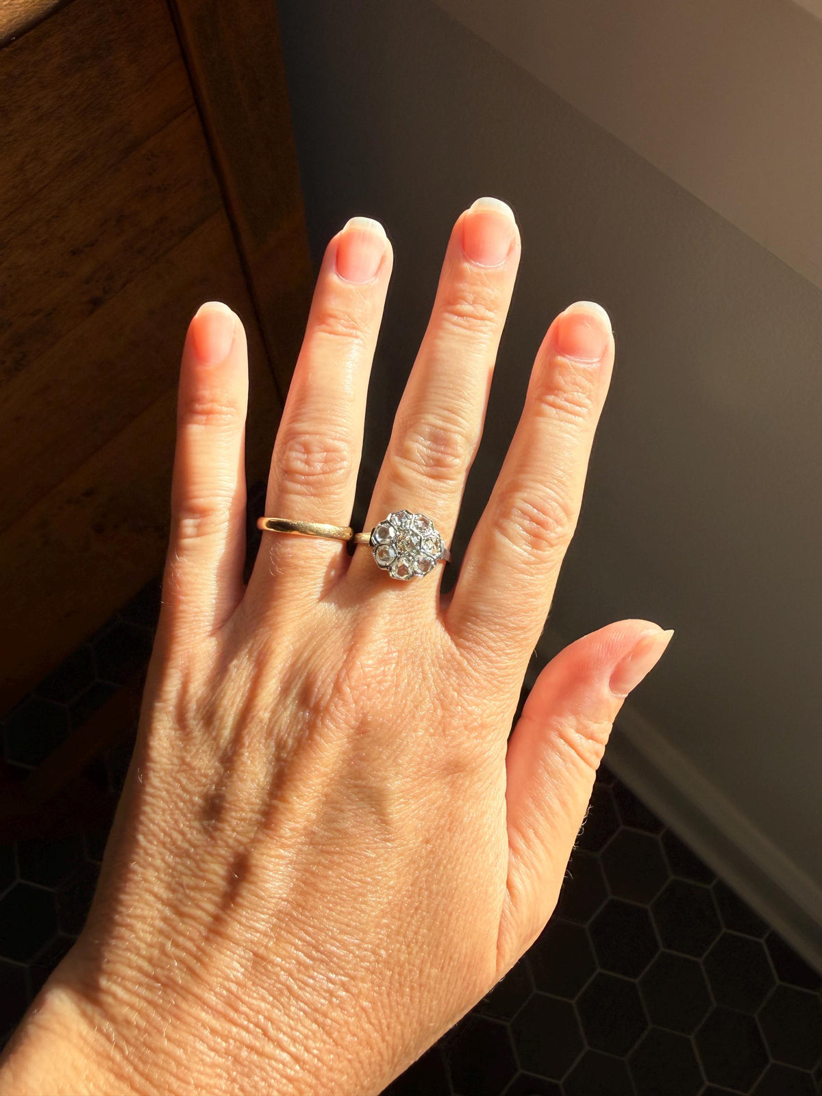 Antique Old Mine & Rose Cut Diamond Cobblestone Daisy Cluster Ring PLATINUM French Edwardian Disco Ball Halo