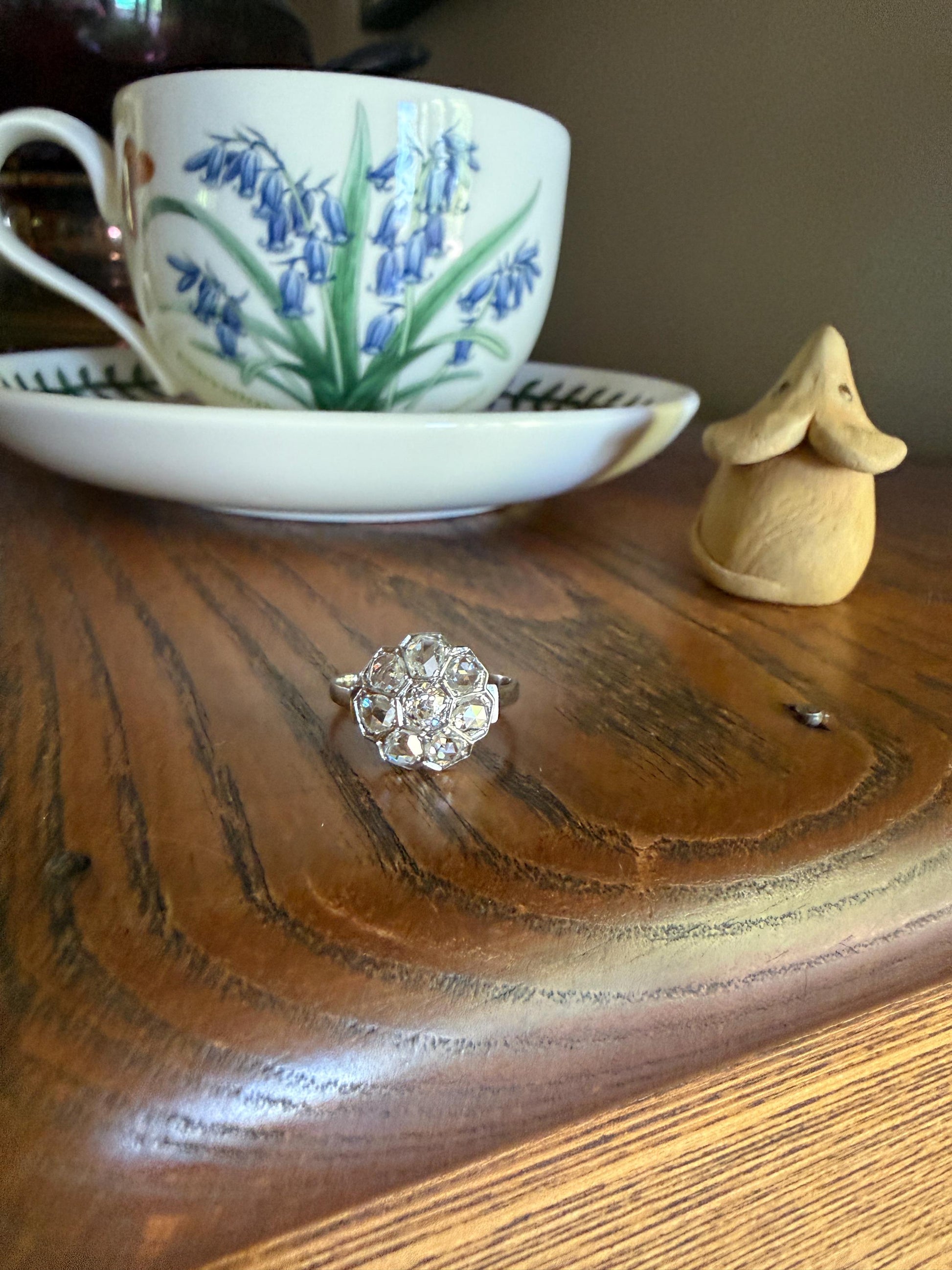 Antique Old Mine & Rose Cut Diamond Cobblestone Daisy Cluster Ring PLATINUM French Edwardian Disco Ball Halo