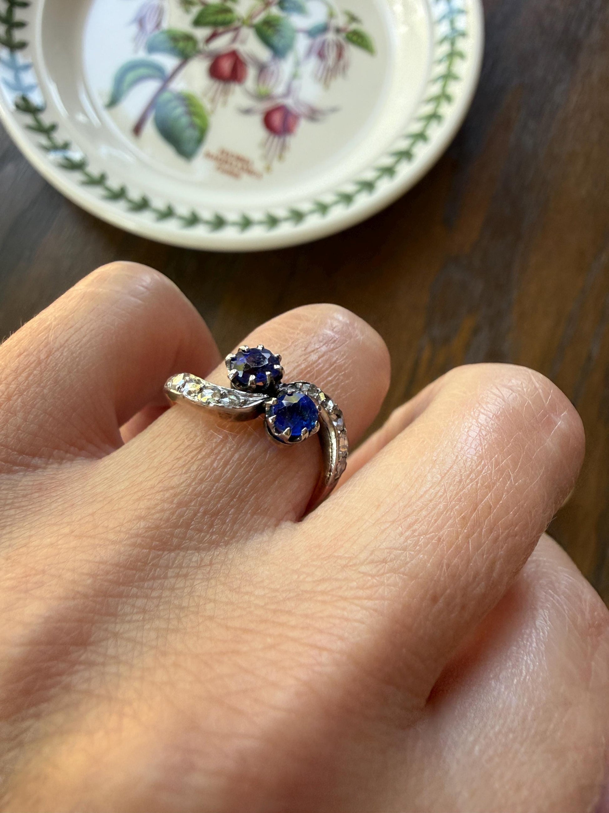 DATED 1894 Antique Victorian Blue Gemstone Rose Cut Diamond Toi et Moi Ring 18k Gold Platinum Bypass Swirl Band French Sapphire Doublet?