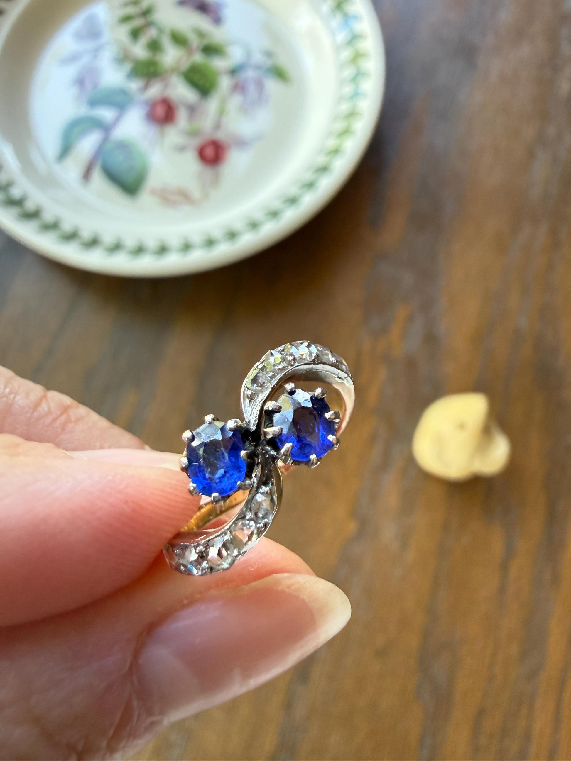 DATED 1894 Antique Victorian Blue Gemstone Rose Cut Diamond Toi et Moi Ring 18k Gold Platinum Bypass Swirl Band French Sapphire Doublet?