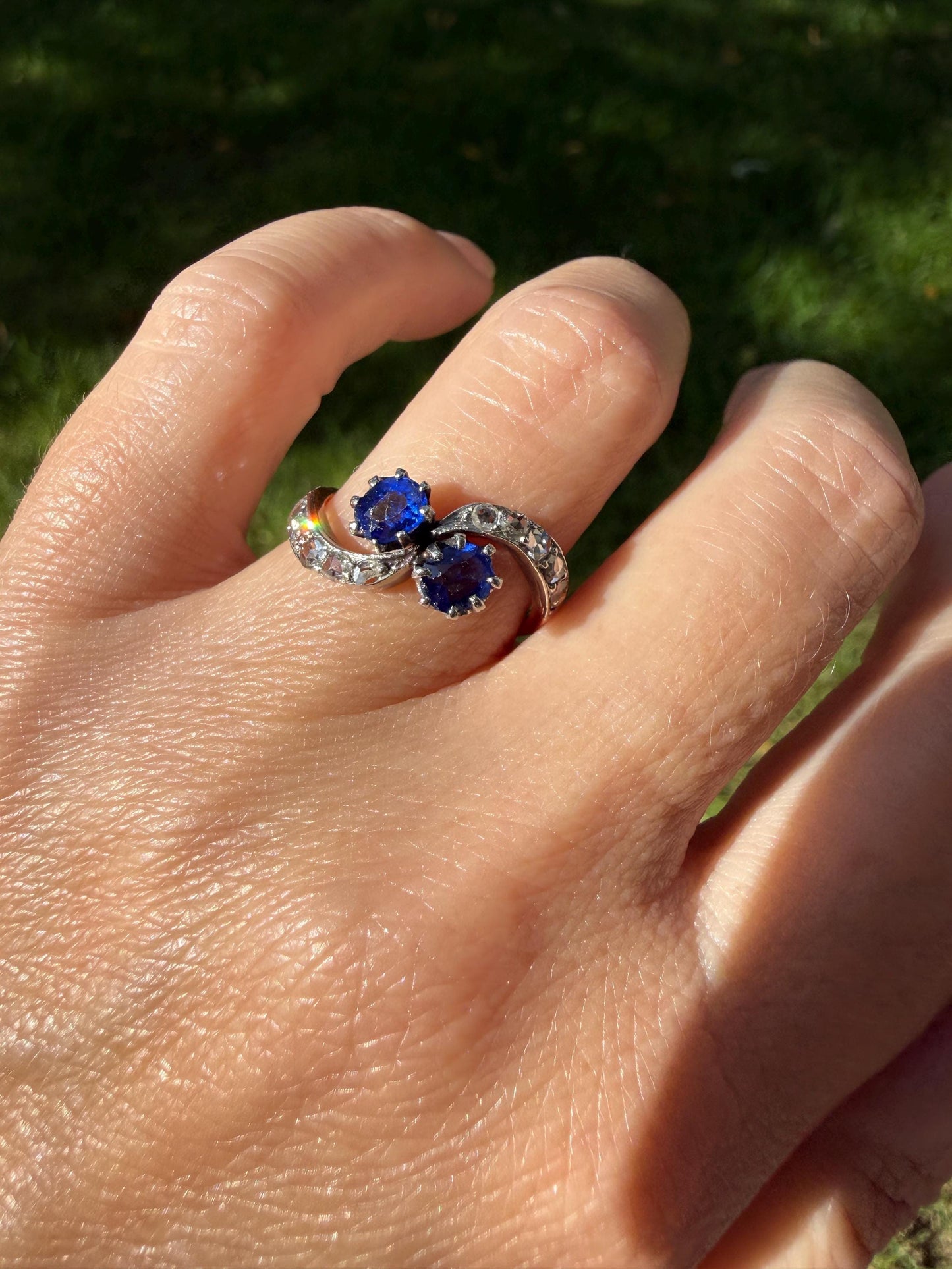 DATED 1894 Antique Victorian Blue Gemstone Rose Cut Diamond Toi et Moi Ring 18k Gold Platinum Bypass Swirl Band French Sapphire Doublet?