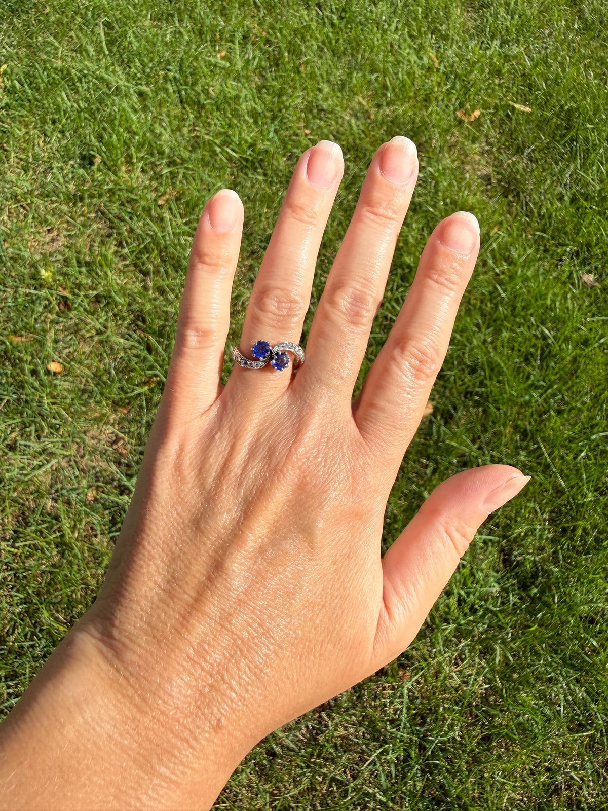 DATED 1894 Antique Victorian Blue Gemstone Rose Cut Diamond Toi et Moi Ring 18k Gold Platinum Bypass Swirl Band French Sapphire Doublet?