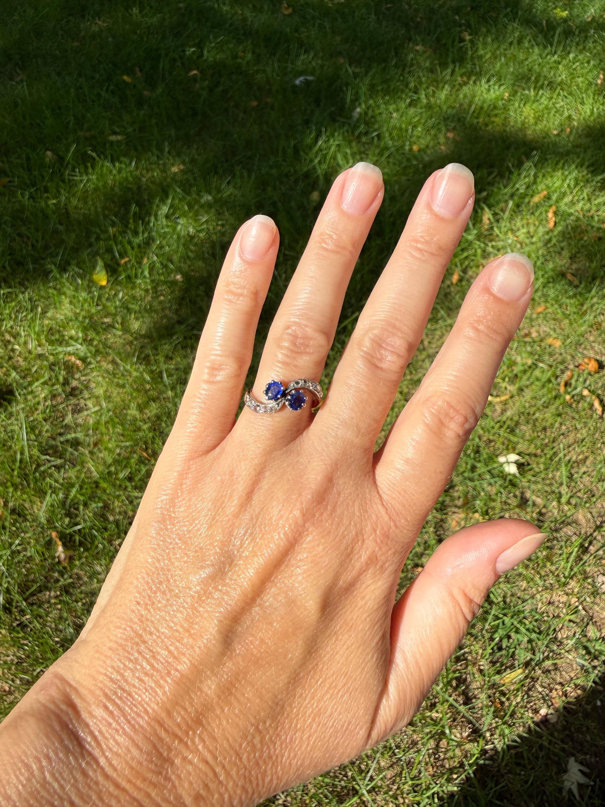 DATED 1894 Antique Victorian Blue Gemstone Rose Cut Diamond Toi et Moi Ring 18k Gold Platinum Bypass Swirl Band French Sapphire Doublet?