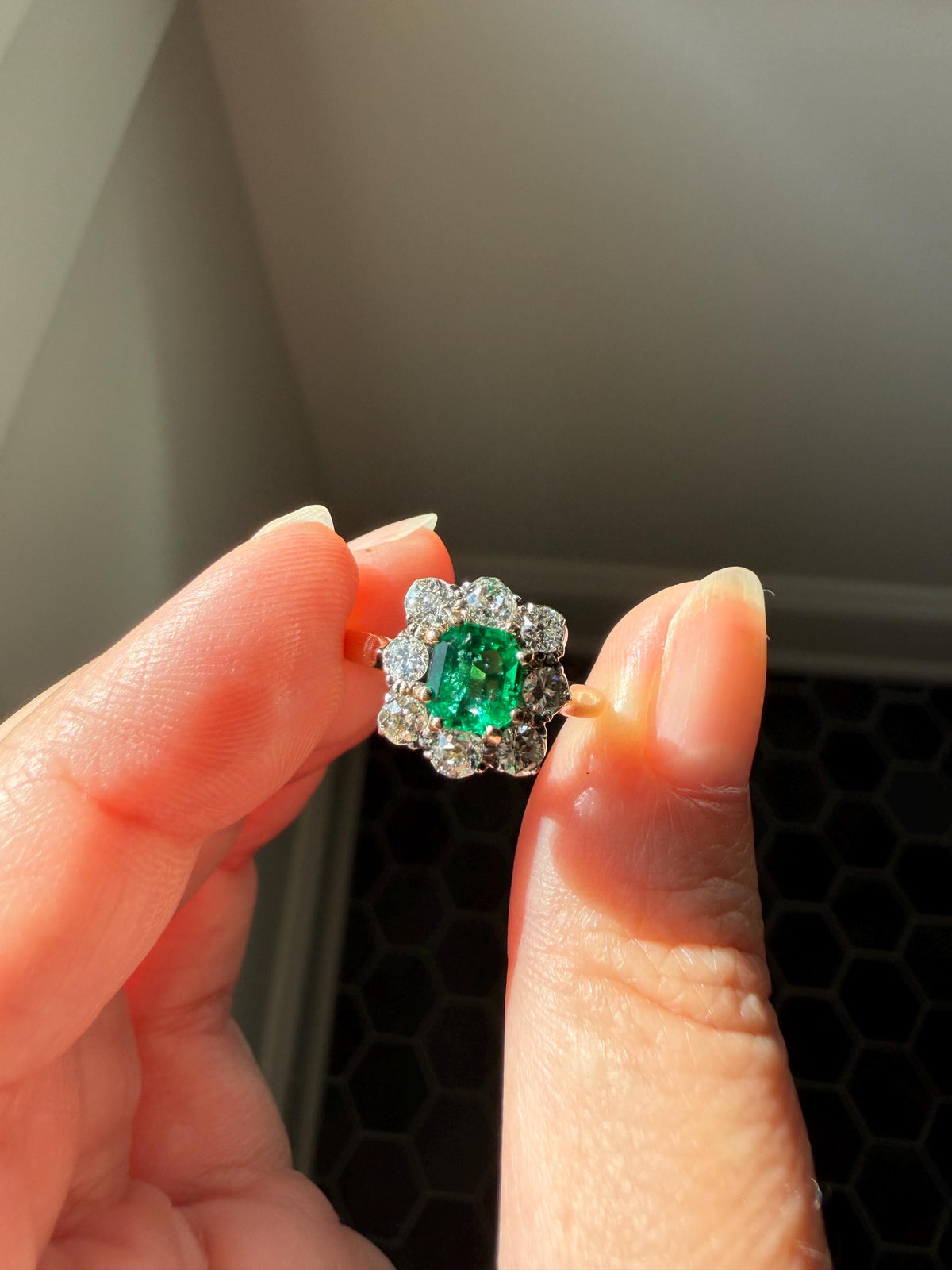 Antique Emerald .75 Carat Old Mine Cut Diamond Halo Ring 18k Gold Silver French Art Deco Green Cluster