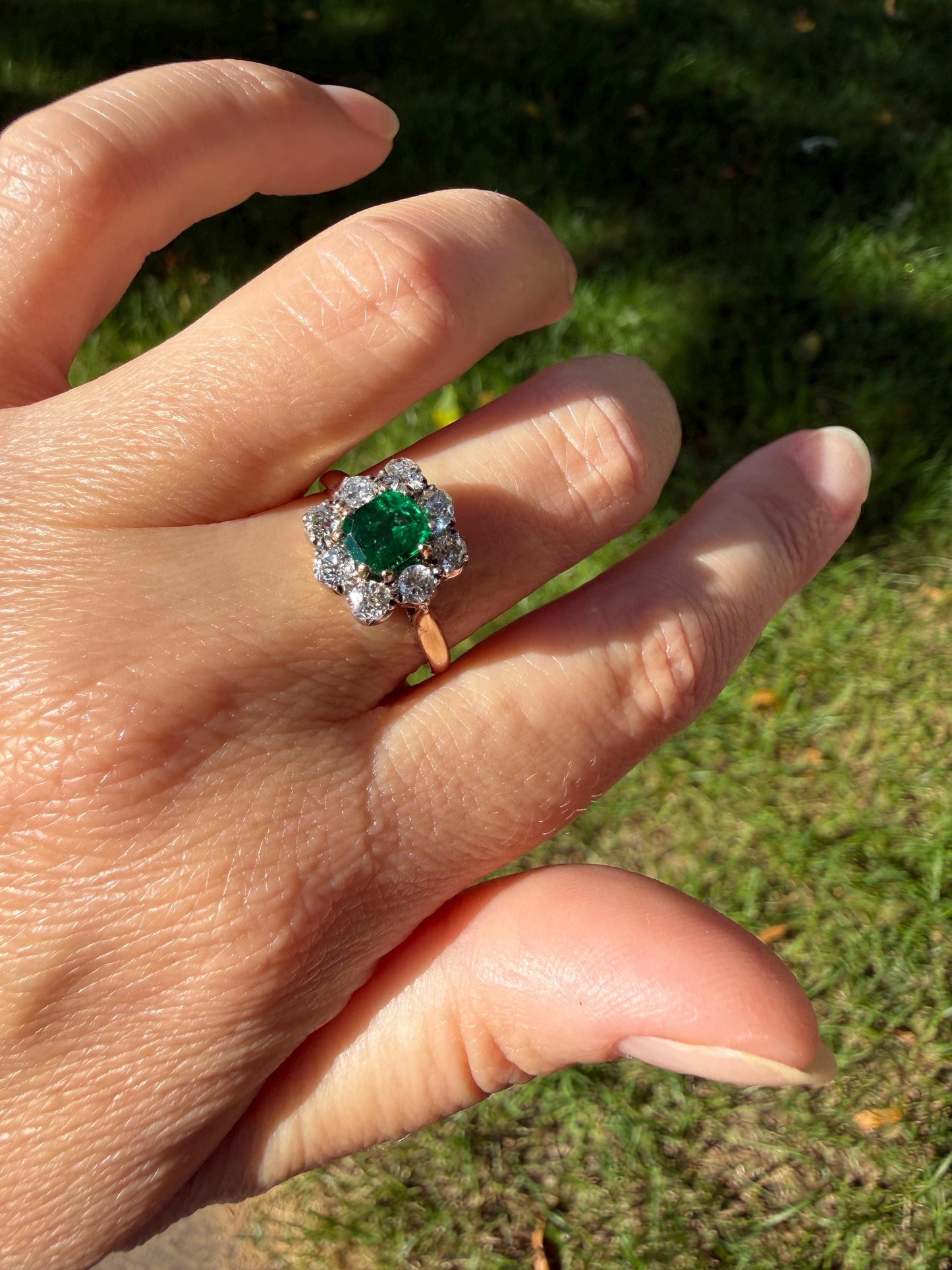 Antique Emerald .75 Carat Old Mine Cut Diamond Halo Ring 18k Gold Silver French Art Deco Green Cluster