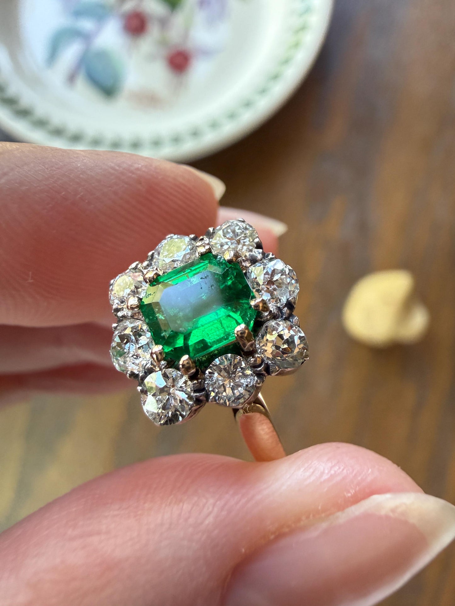 Antique Emerald .75 Carat Old Mine Cut Diamond Halo Ring 18k Gold Silver French Art Deco Green Cluster